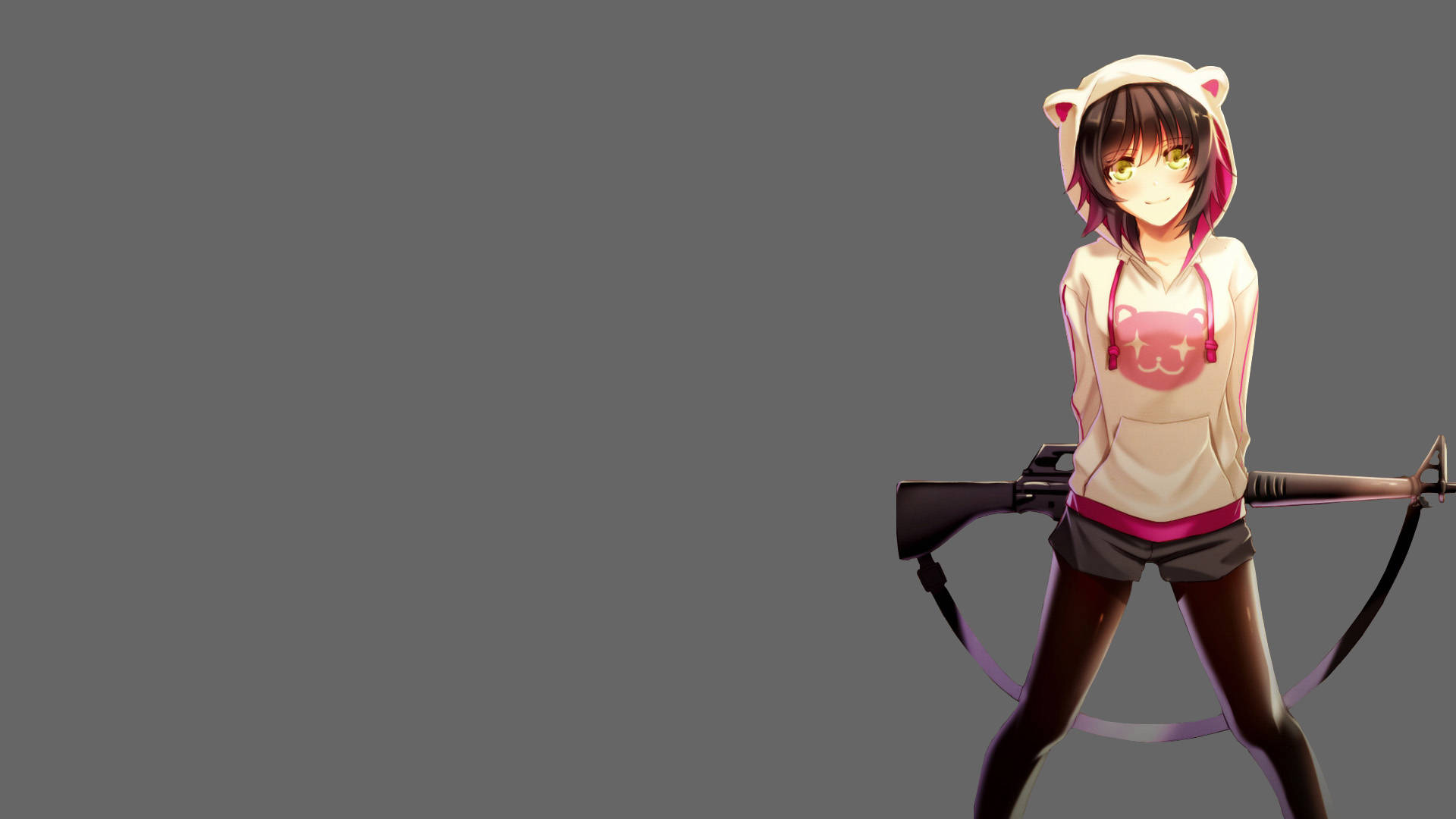 Riflewoman, anime girl, cat hoodie, Full HD Desktop Wallpaper