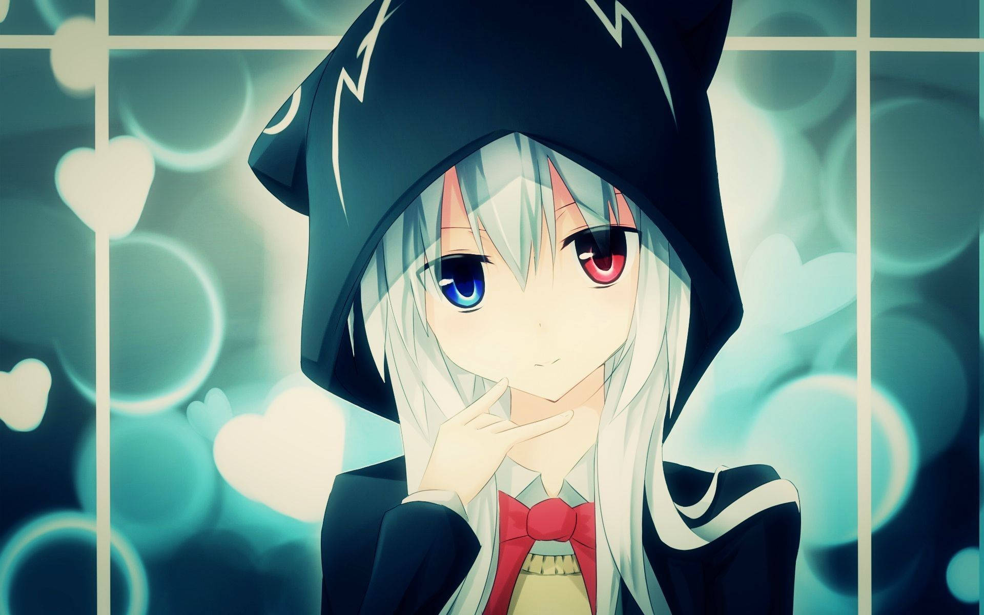 red blue eyed anime girl hoodie, silver hair, mismatched eyes, Full HD Desktop Wallpaper