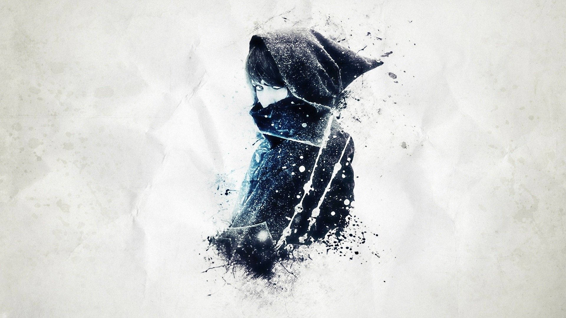 Anime Girl Hoodie, dark blue ink splatters, textured white paper, Full HD Desktop Wallpaper