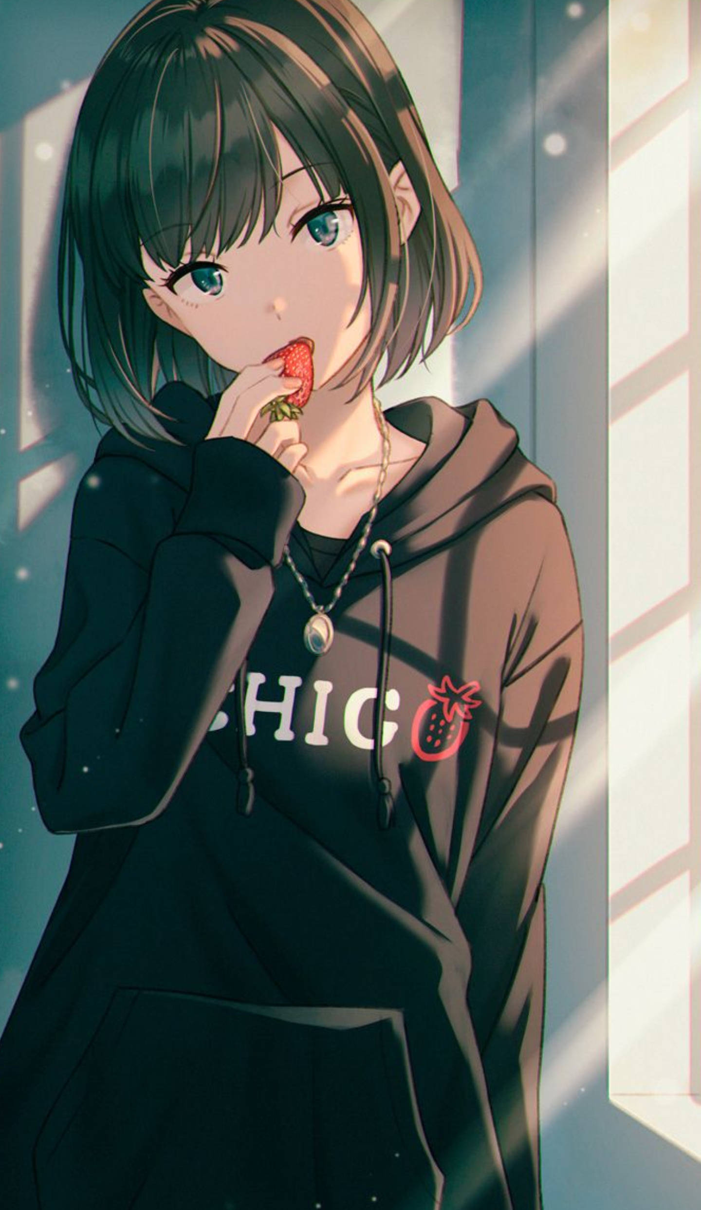 anime girl, short dark hair, blue eyes, Full HD Phone Wallpaper
