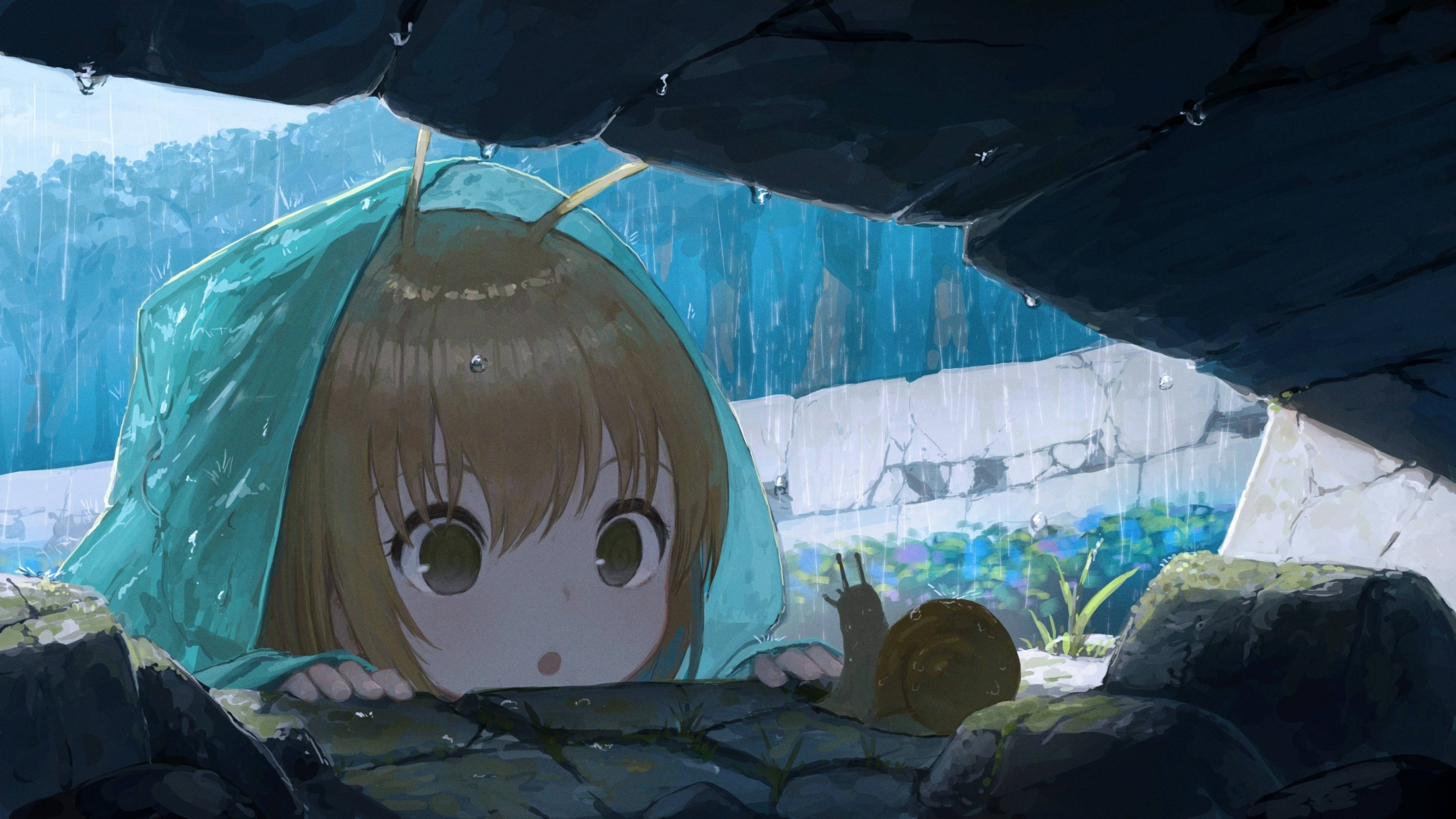 anime girl, brown hair, rock overhang, 4K Desktop Wallpaper