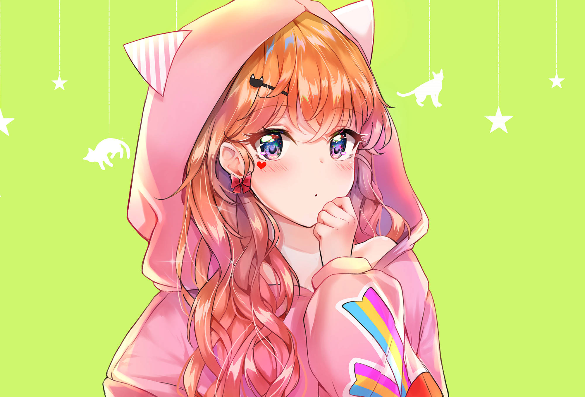 anime girl hoodie, pink hoodie, orange hair, Full HD Desktop Wallpaper