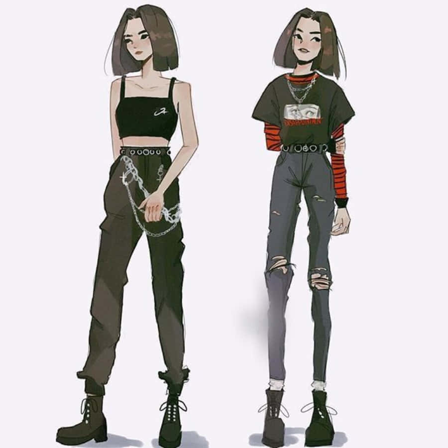 Grunge Anime, edgy streetwear, illustrated girls, SD Desktop Wallpaper