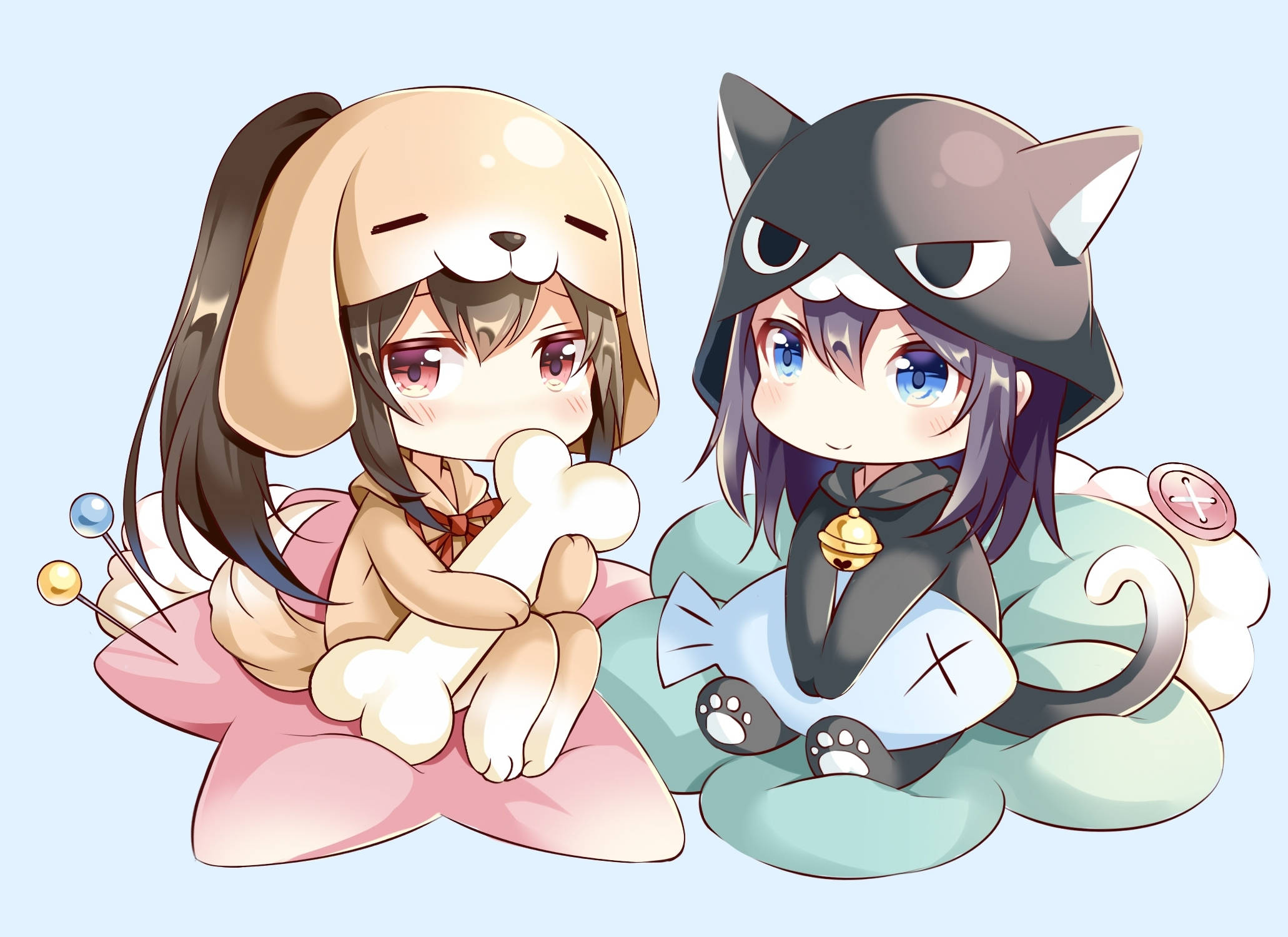 chibi anime girl hoodie, chibi anime characters, dog and cat costumes, Full HD Desktop Wallpaper