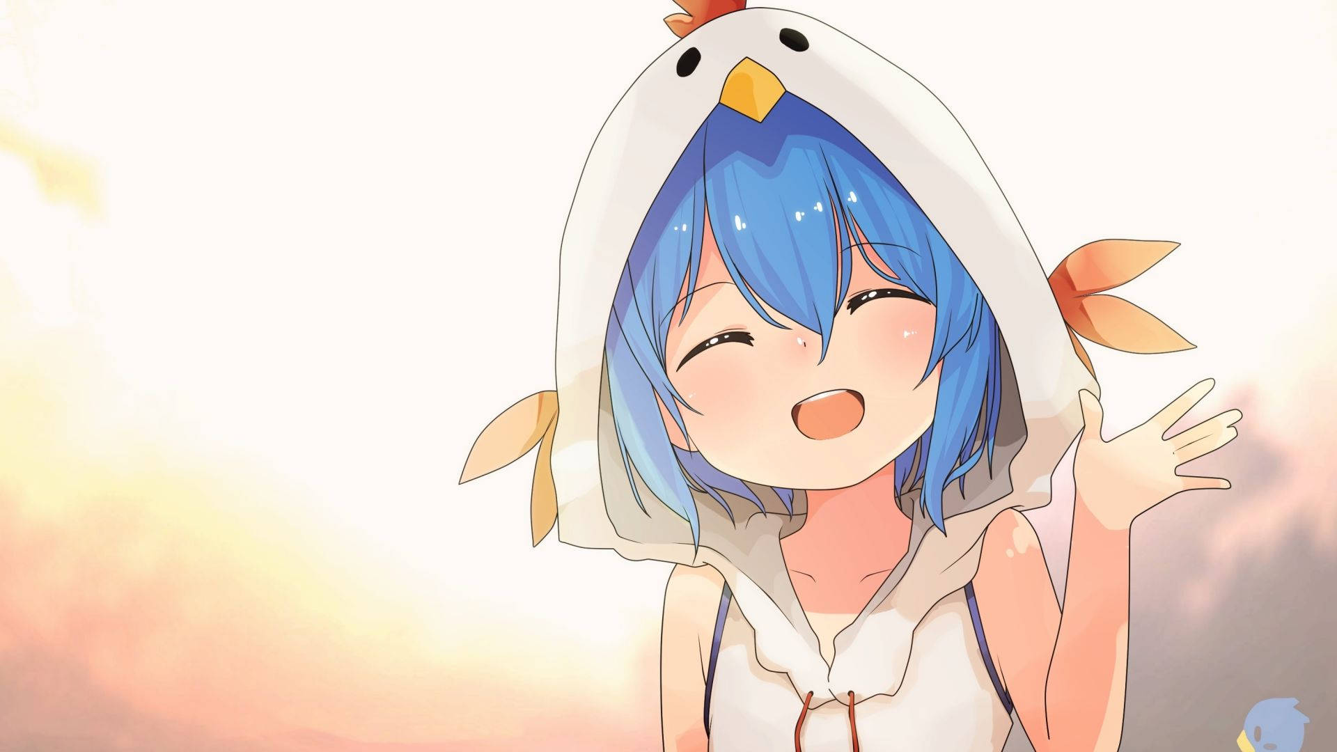 chicken hoodie, blue-haired anime girl, warm sunset sky, Full HD Desktop Wallpaper