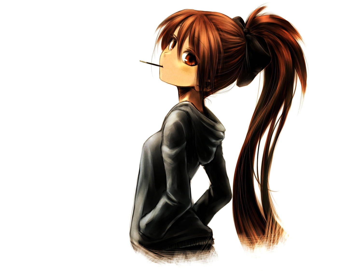Anime Girl Hoodie, black hoodie, fiery red ponytail, HD Desktop Wallpaper