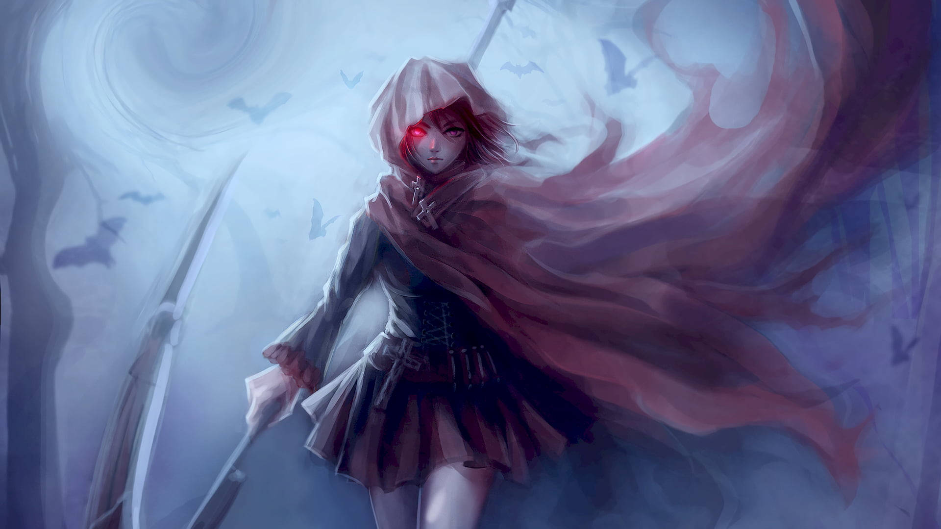 Anime Girl Hoodie, reaper, glowing red eyes, Full HD Desktop Wallpaper
