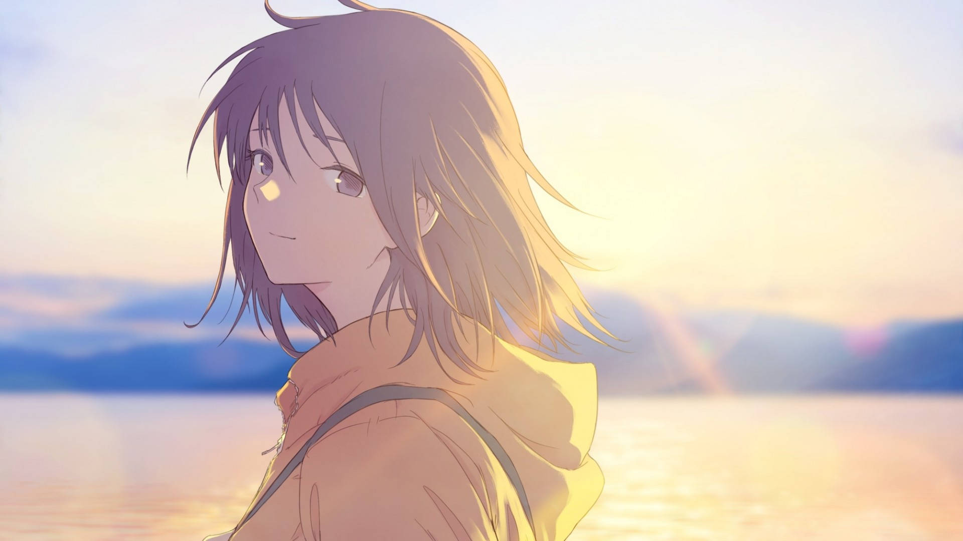 Sunset Anime Girl Hoodie, purple hair, glowing sunset lake, Full HD Desktop Wallpaper