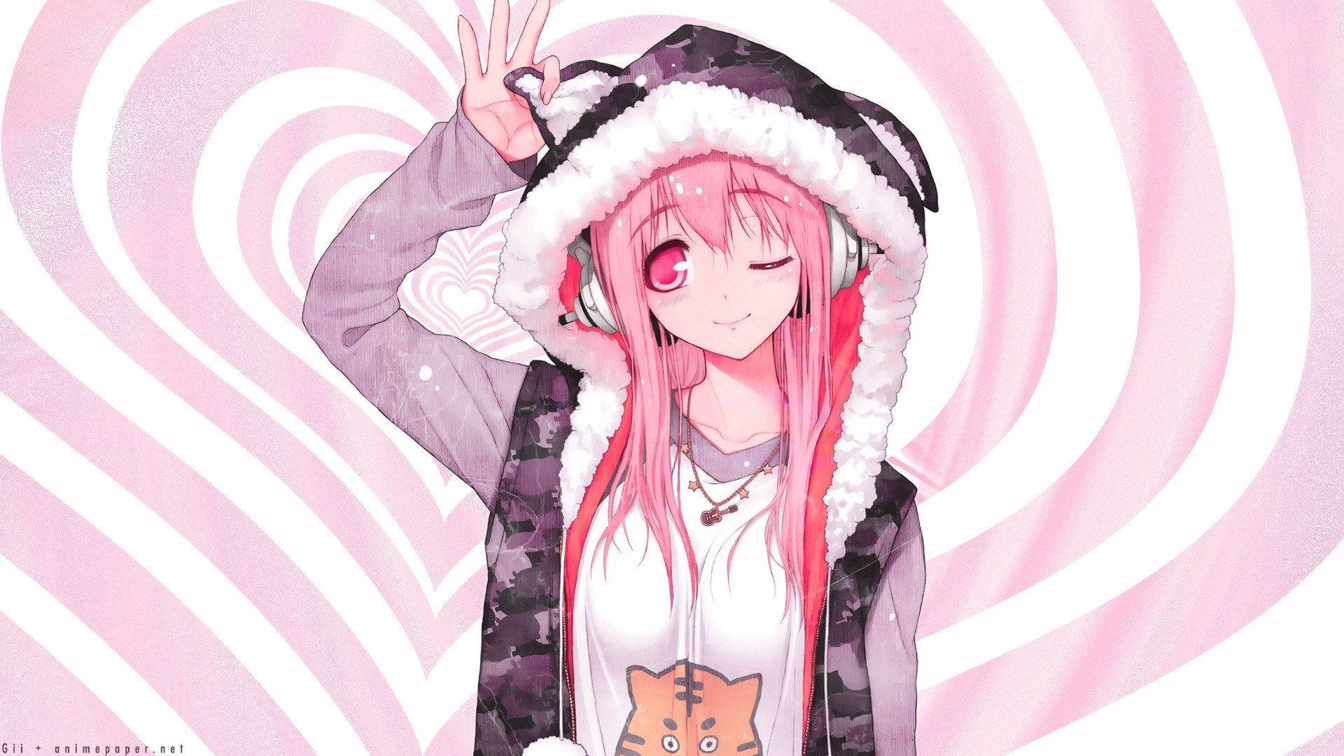 cute pink anime girl hoodie, pink hair, headphones, Full HD Desktop Wallpaper