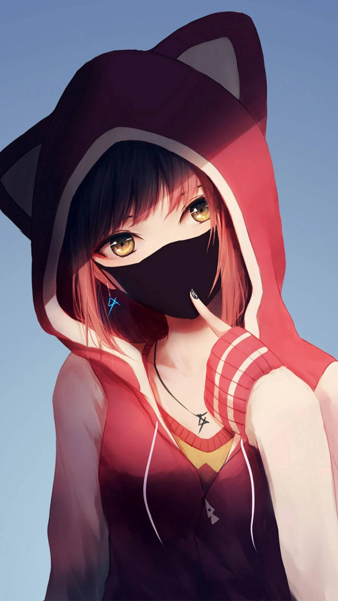 Phone Girl, red hoodie, cat ears, Full HD Phone Wallpaper