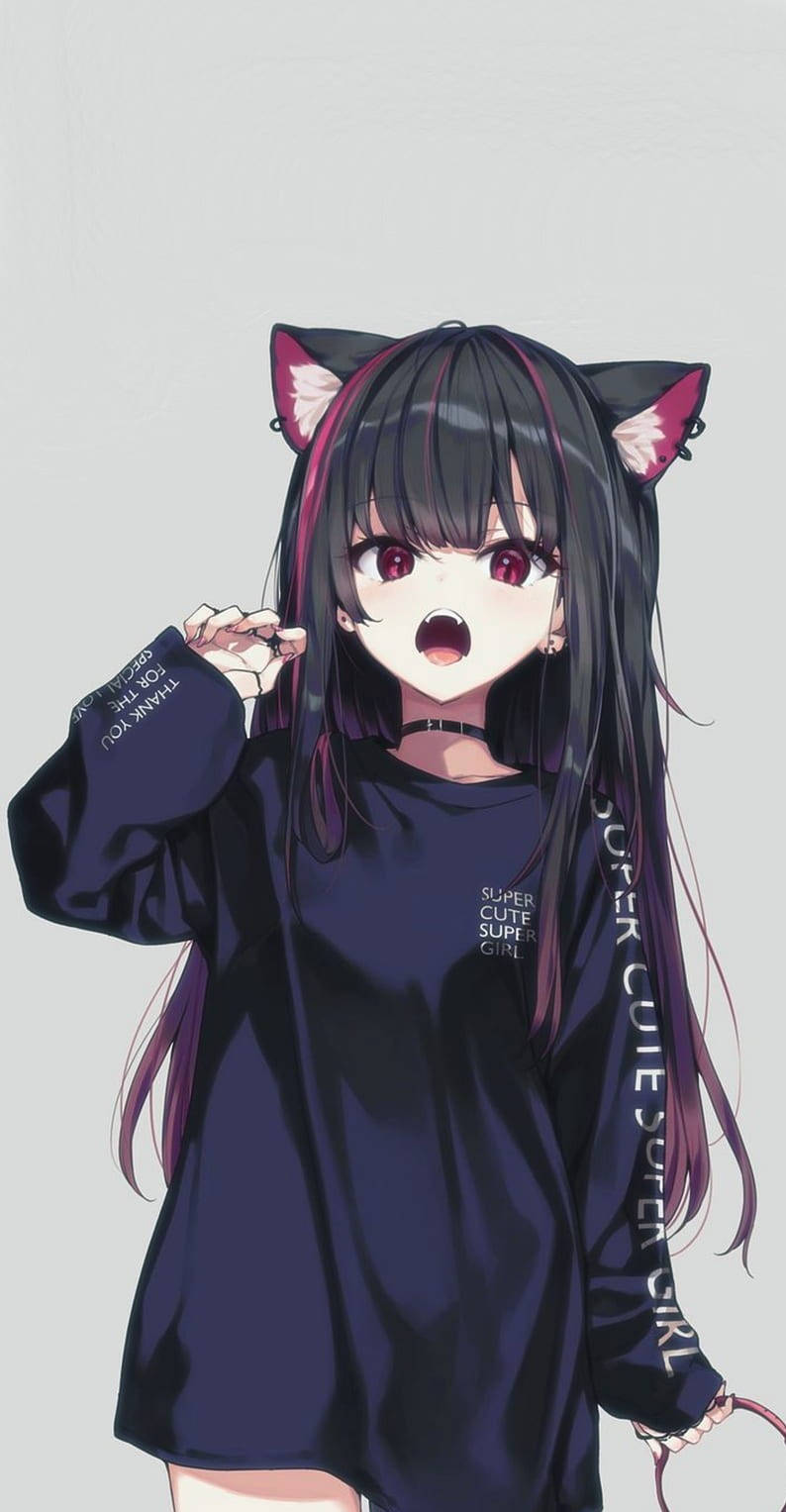 anime girl, black cat ears, long hair, HD Phone Wallpaper