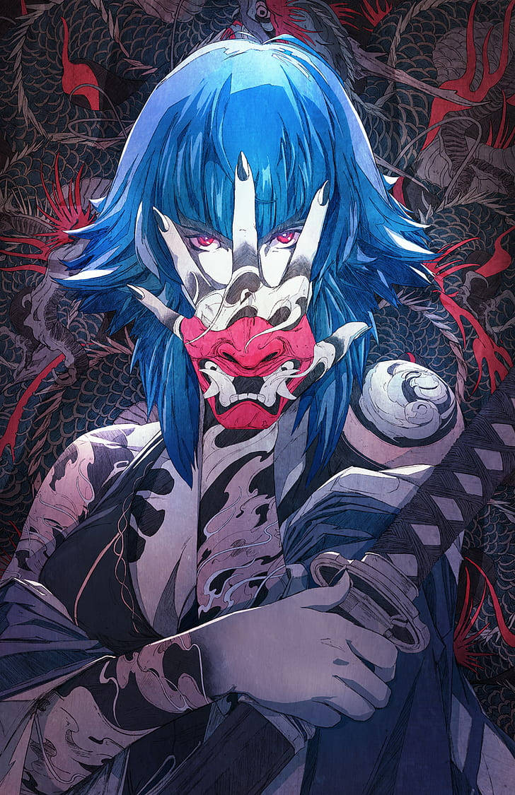 blue-haired anime girl, red demonic mask, katana, SD Phone Wallpaper