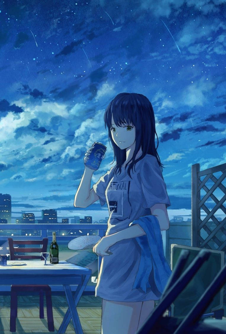 anime girl, rooftop, night, SD Phone Wallpaper