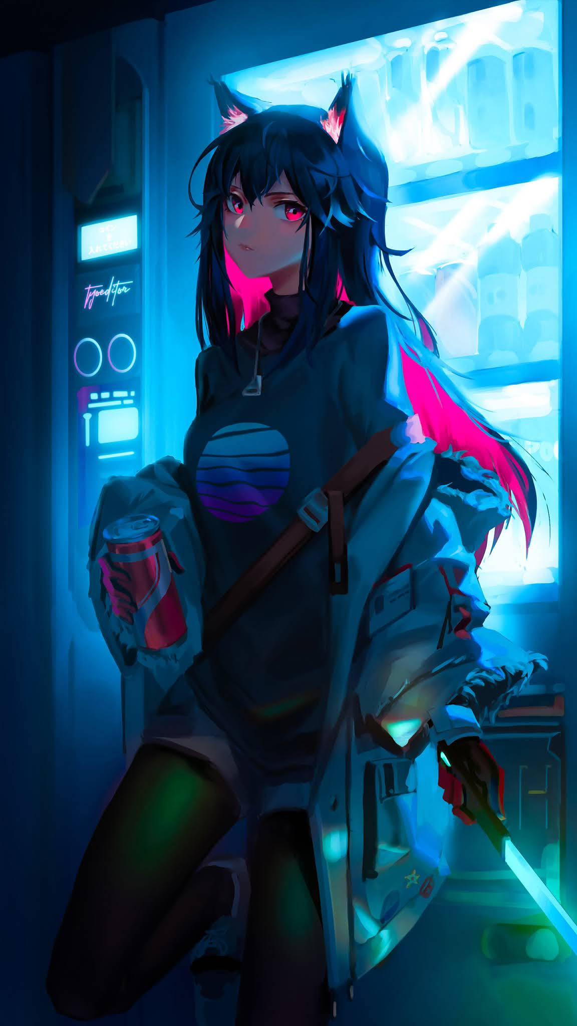 anime girl, cat-eared, glowing pink hair, Full HD Phone Wallpaper