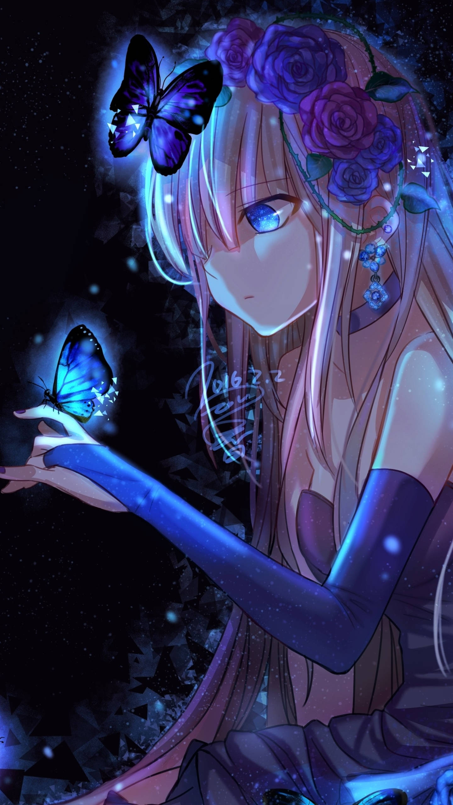anime girl, blue eyes, purple roses, 2K Phone Wallpaper