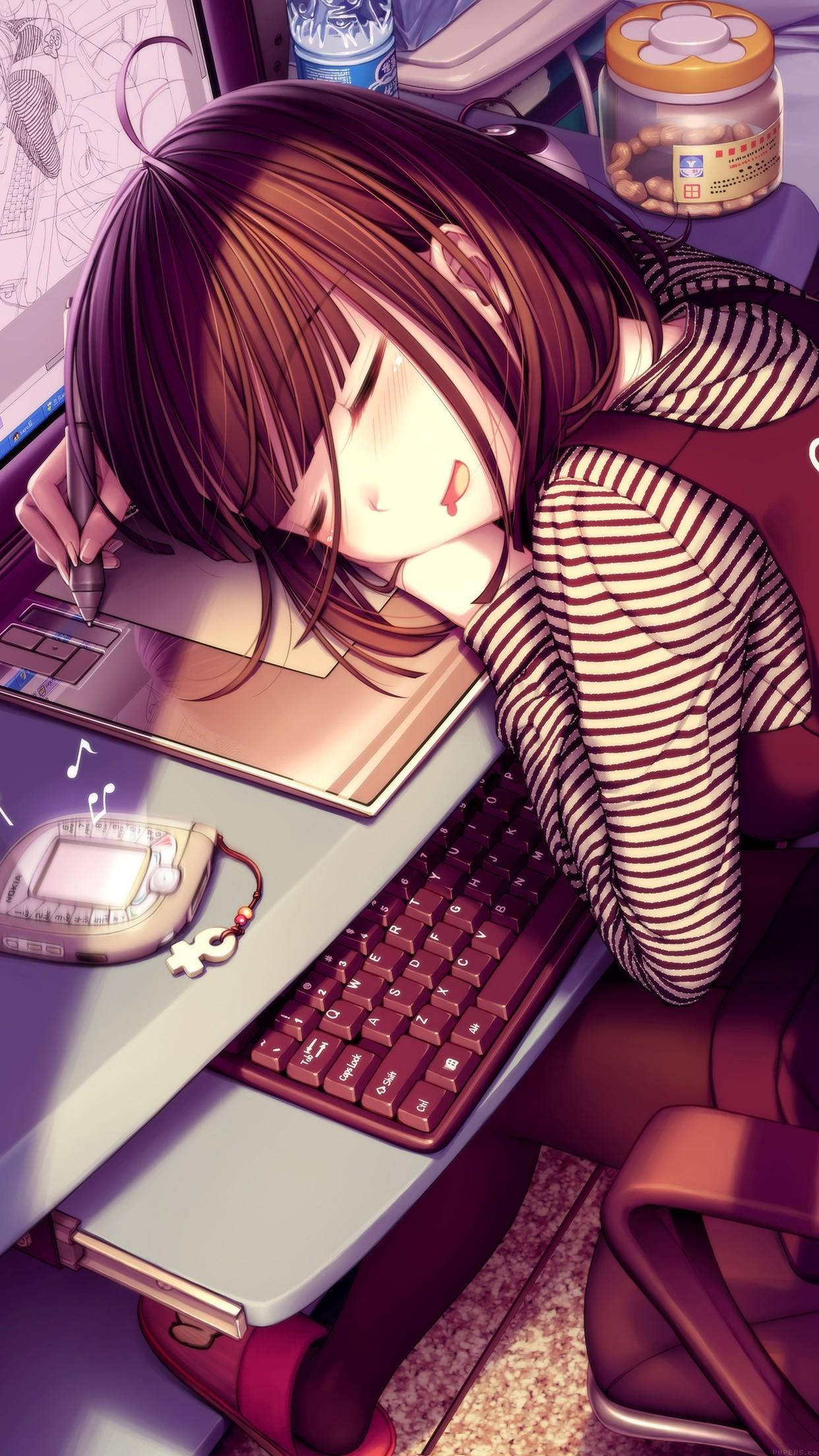 anime girl, brown hair, desk, Full HD Phone Wallpaper