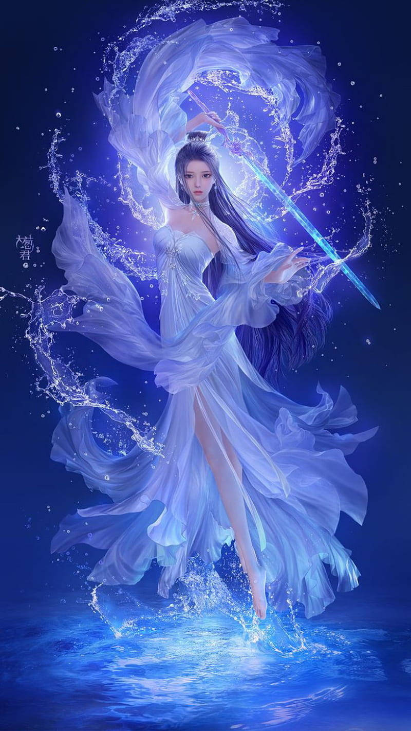 Neon Blue, anime-style warrior, flowing white gown, HD Phone Wallpaper