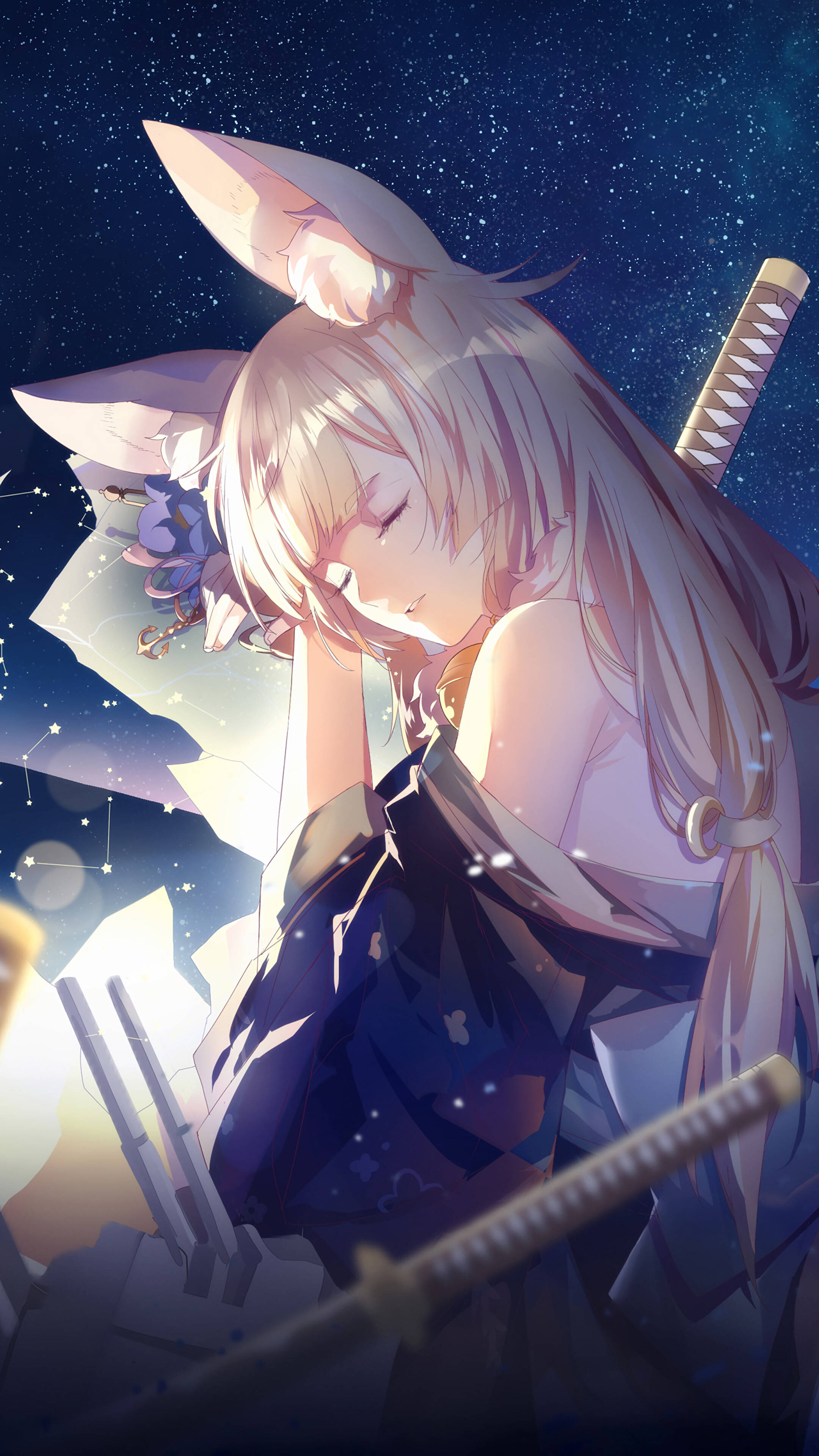 anime girl, fox ears, sword, 4K Phone Wallpaper