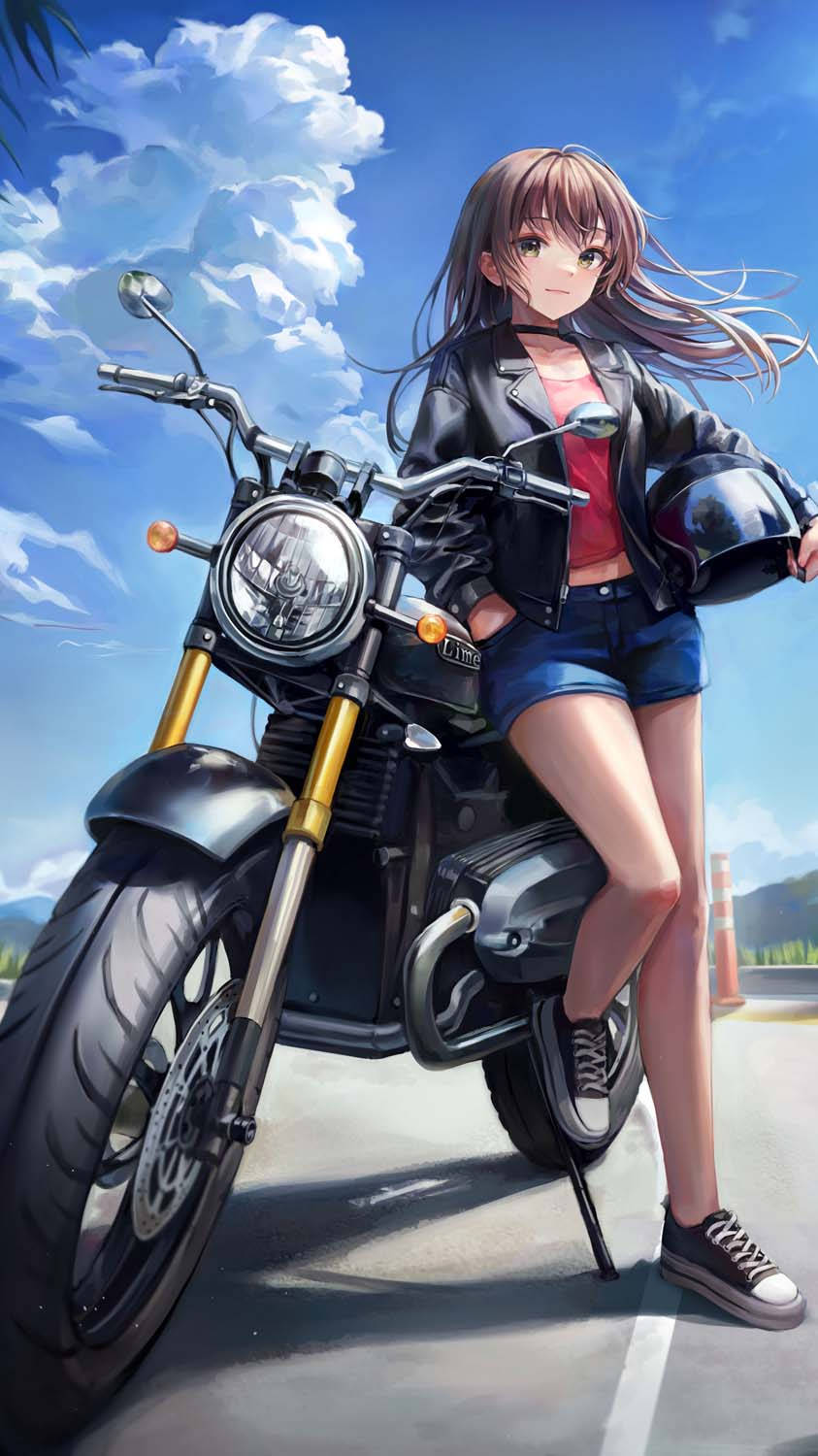 anime girl, leather jacket, black motorcycle, HD Phone Wallpaper