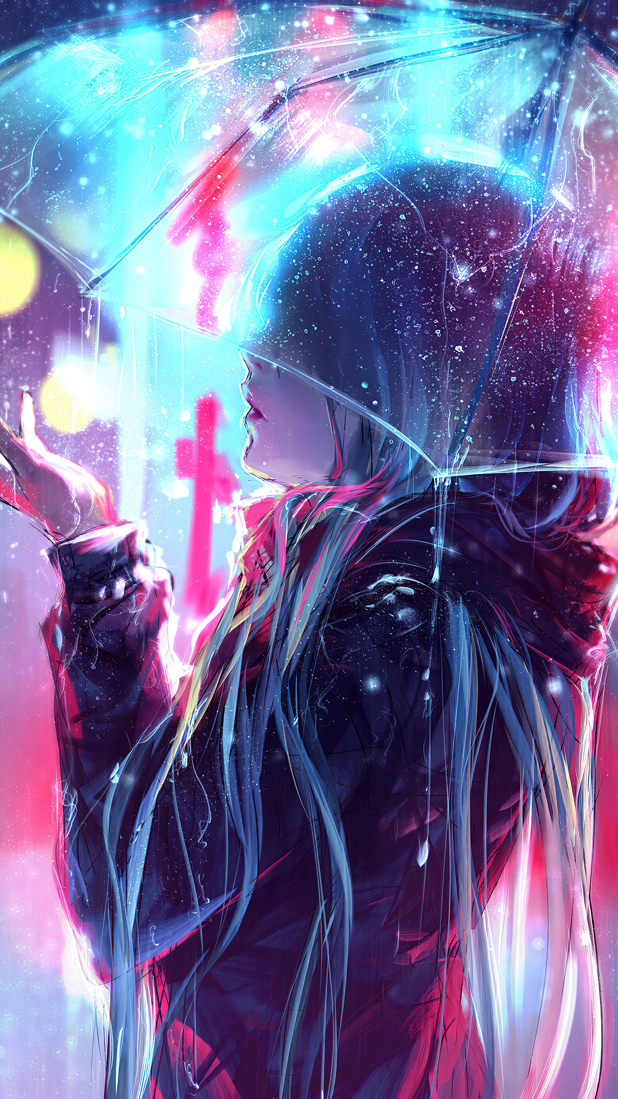 anime girl, umbrella, neon lights, 4K Phone Wallpaper