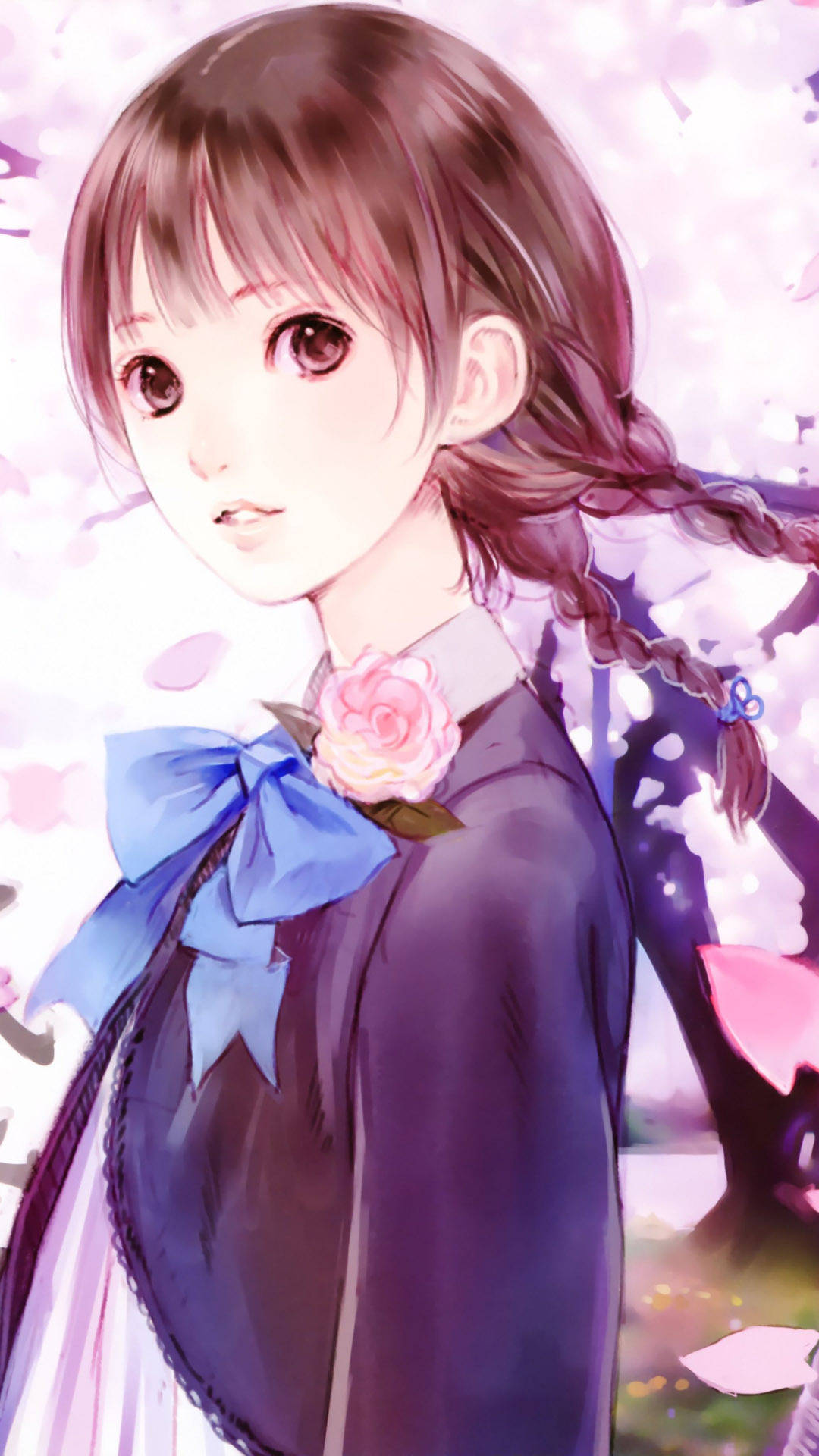 anime girl, braided hair, blue bow, Full HD Phone Wallpaper