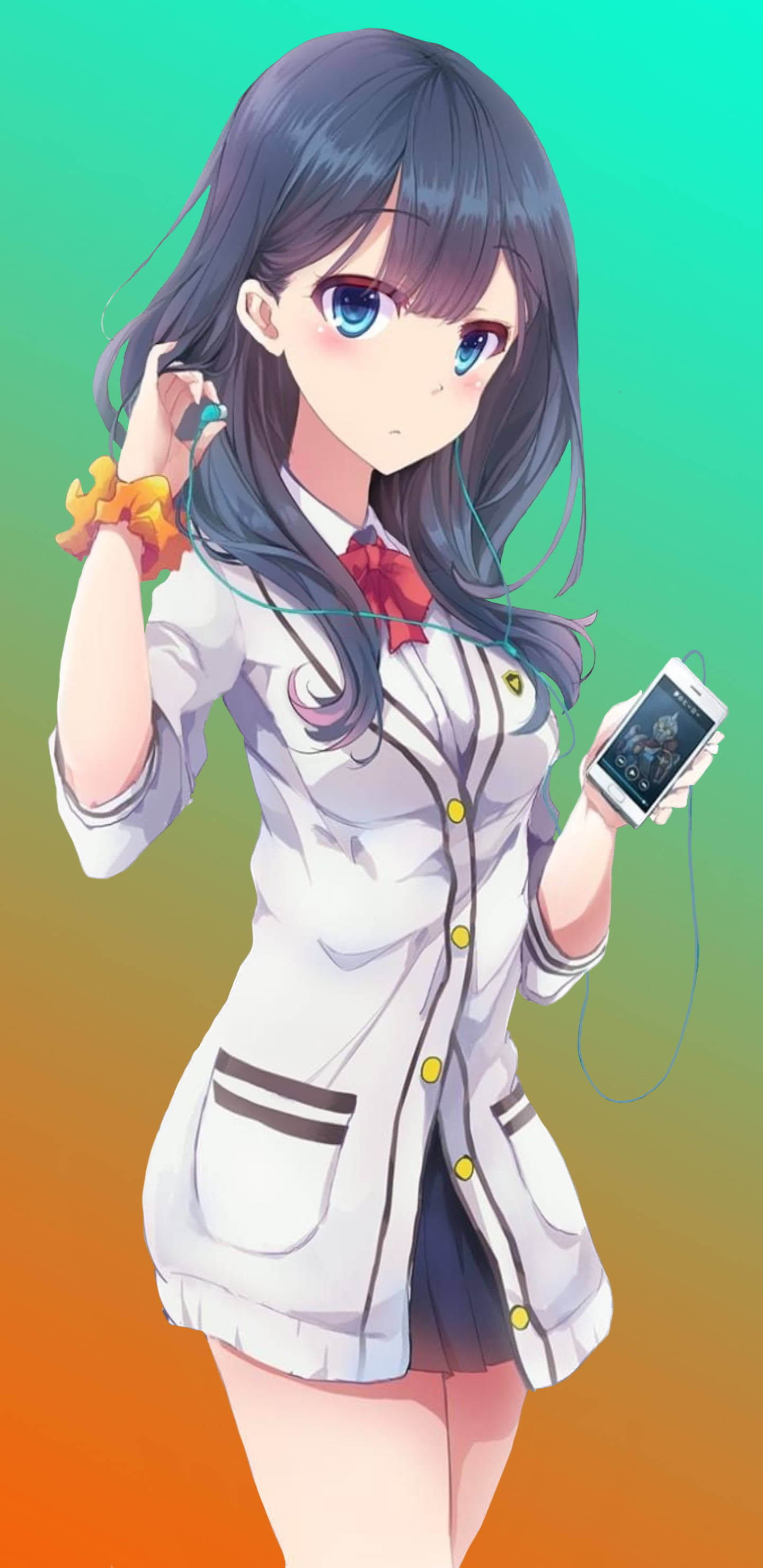 Anime girl, school uniform, earphones, 2K Phone Wallpaper