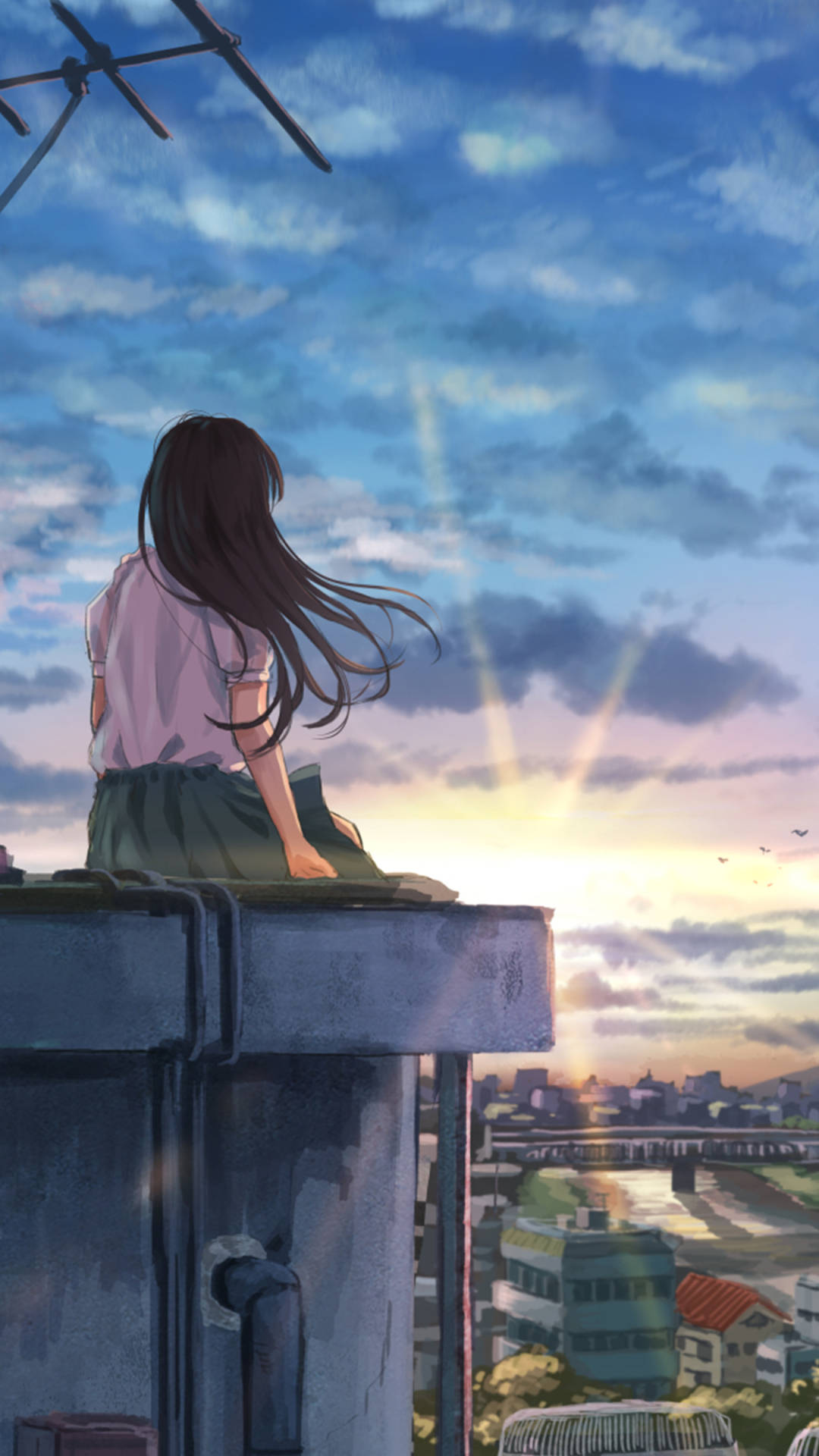Anime Girl, rooftop antenna, sunset, Full HD Phone Wallpaper