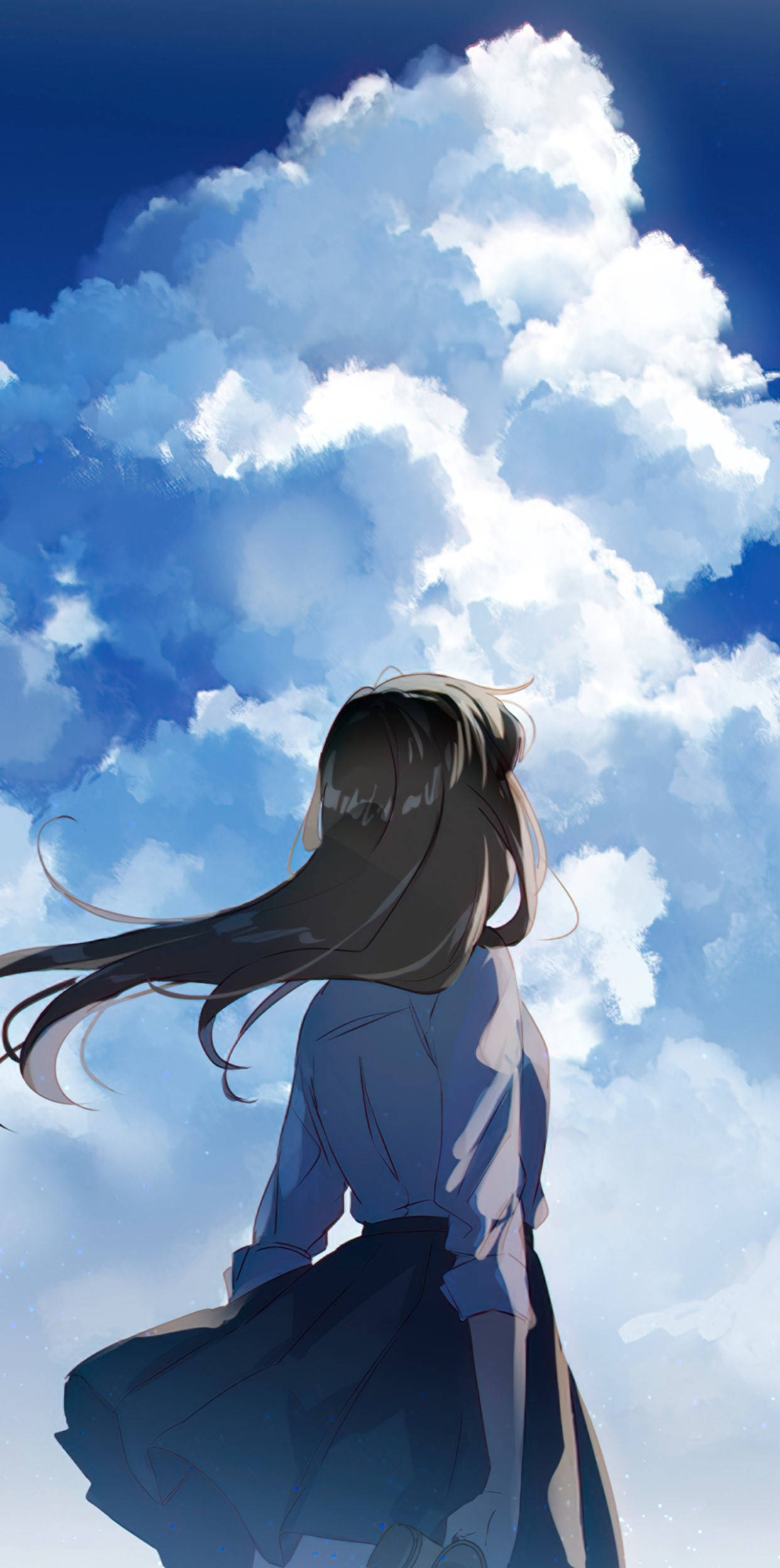 anime girl, flowing hair, fluffy white clouds, Full HD Phone Wallpaper