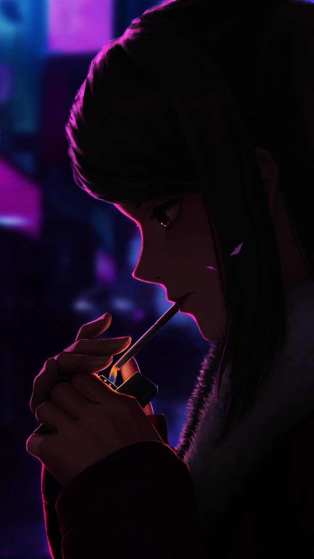 anime girl, cordless phone, neon cityscape, Full HD Phone Wallpaper