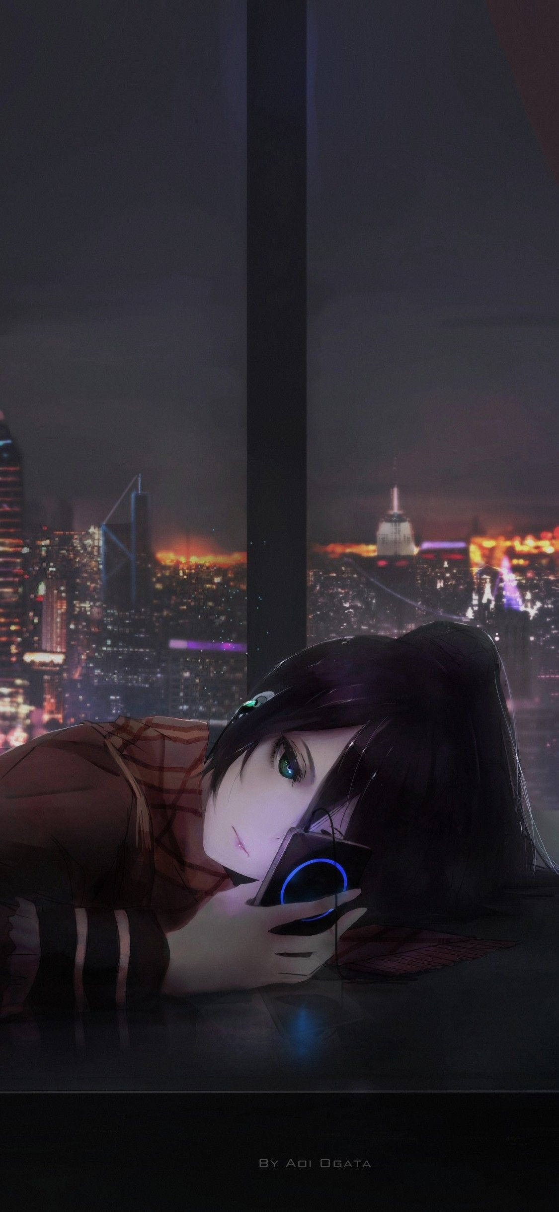 anime girl, dark hair, windowsill, Full HD Phone Wallpaper