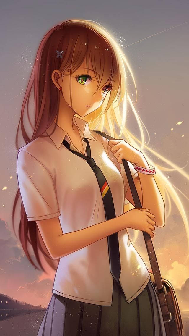 anime girl, school uniform, warm sunset sky, SD Phone Wallpaper