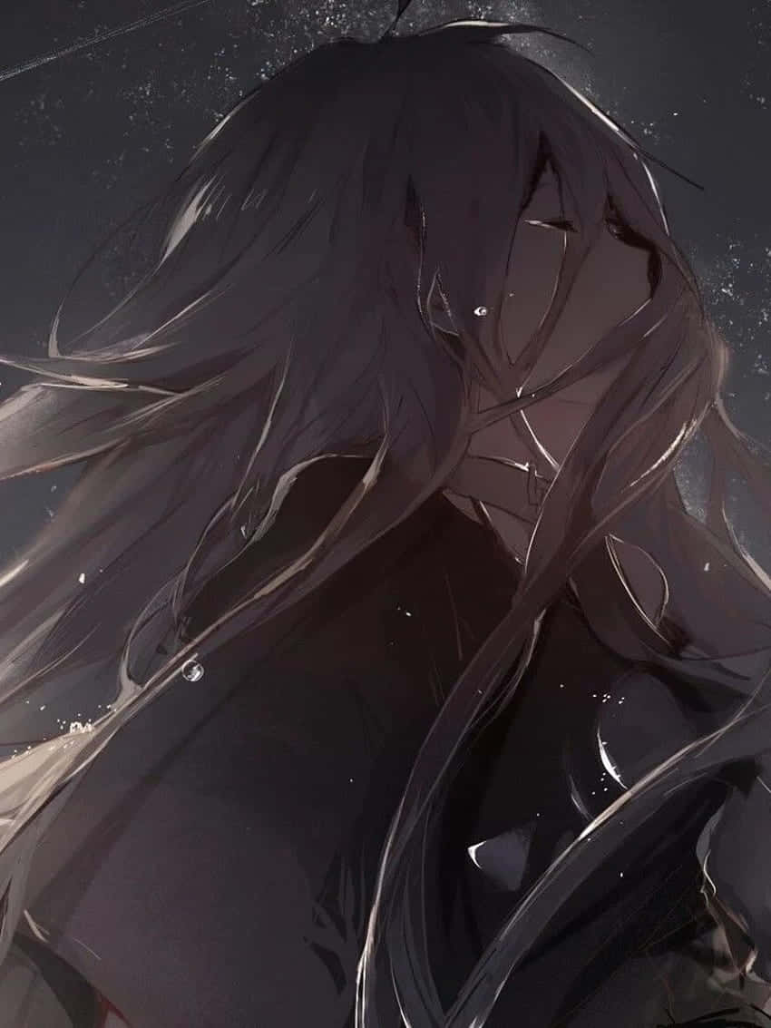 anime girl, long dark hair, raindrops on her face, SD Phone Wallpaper