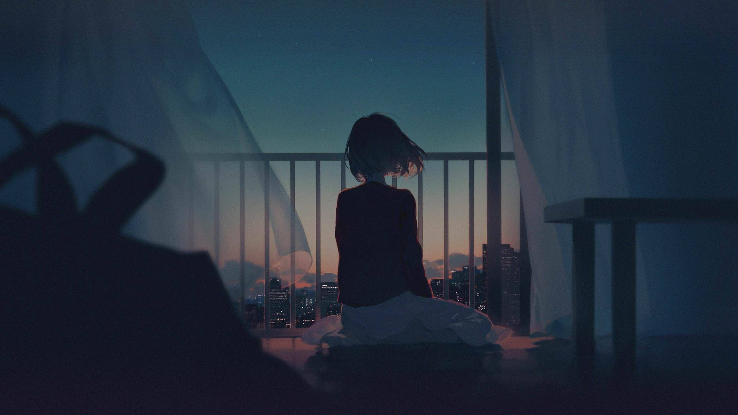 anime girl, sad, alone, 2K Desktop Wallpaper