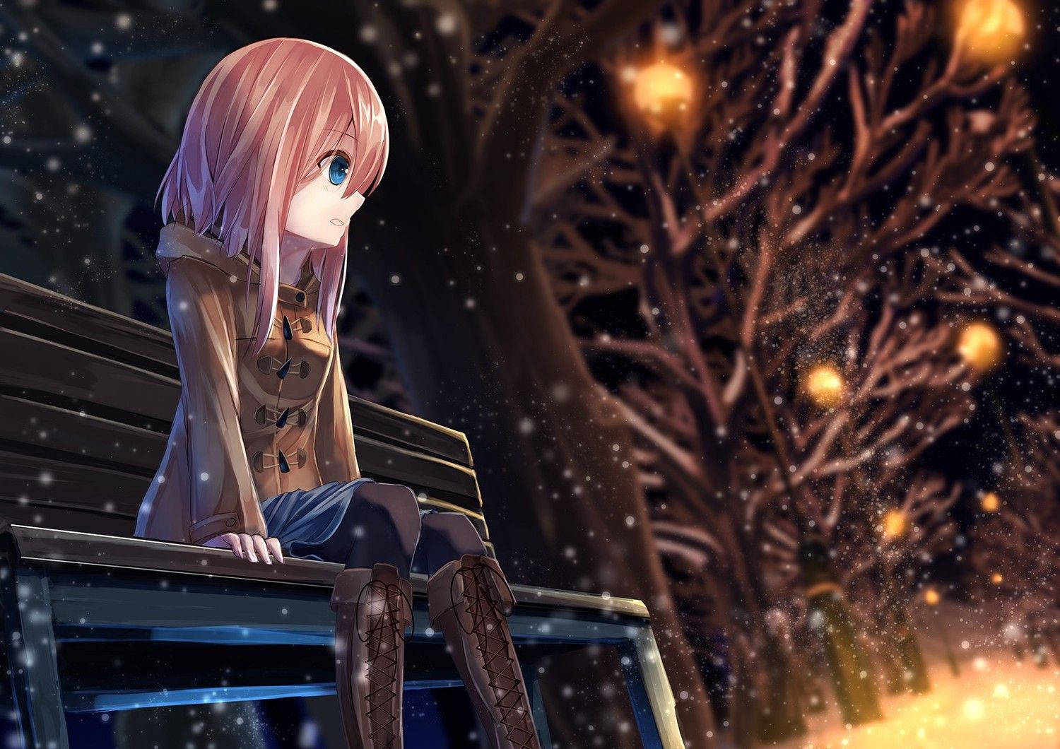 anime girl, pink-haired, park bench, HD Desktop Wallpaper