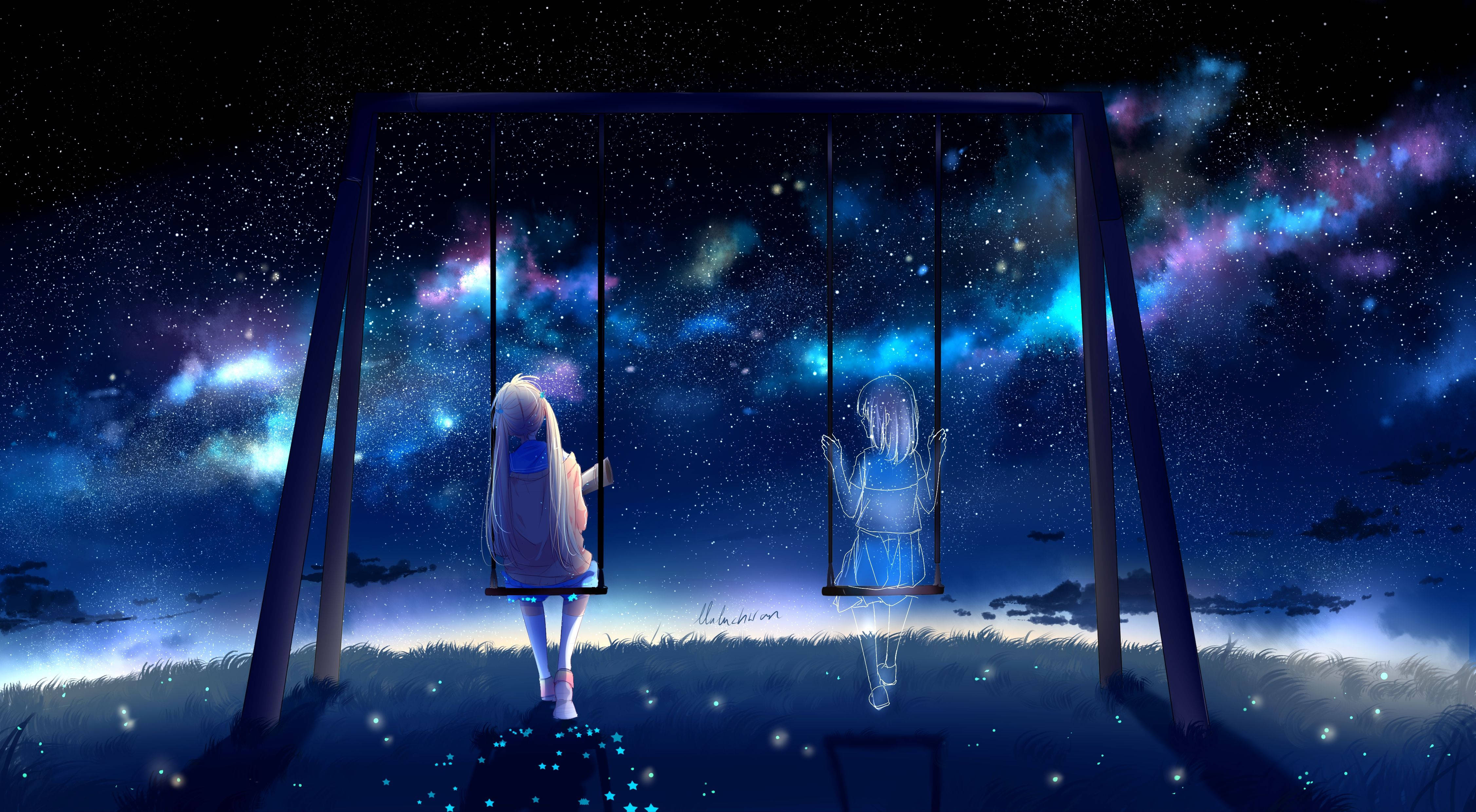 anime girl, sad alone, swing, 4K Desktop Wallpaper