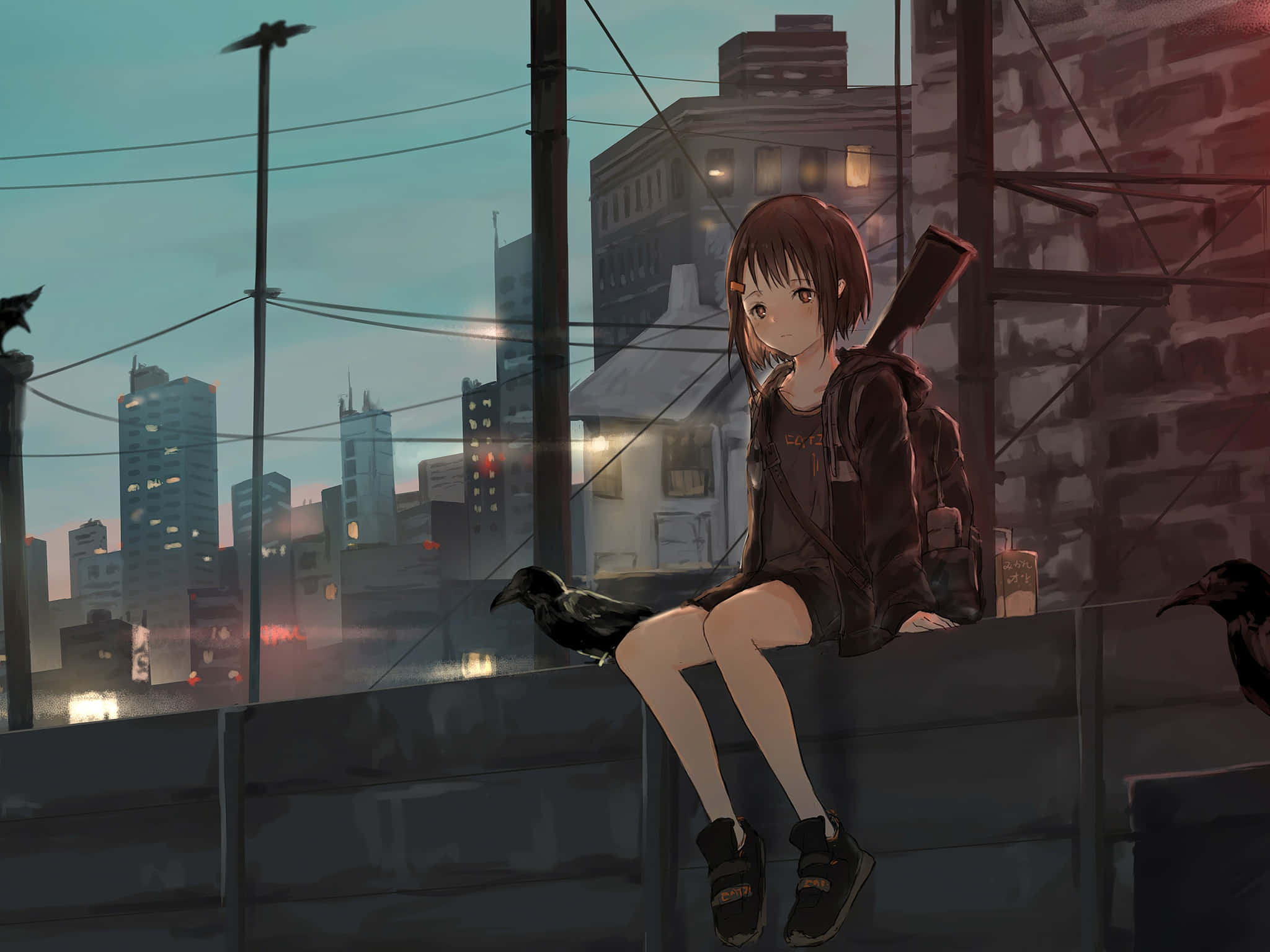 young anime girl, short brown hair, rooftop ledge, Full HD Desktop Wallpaper