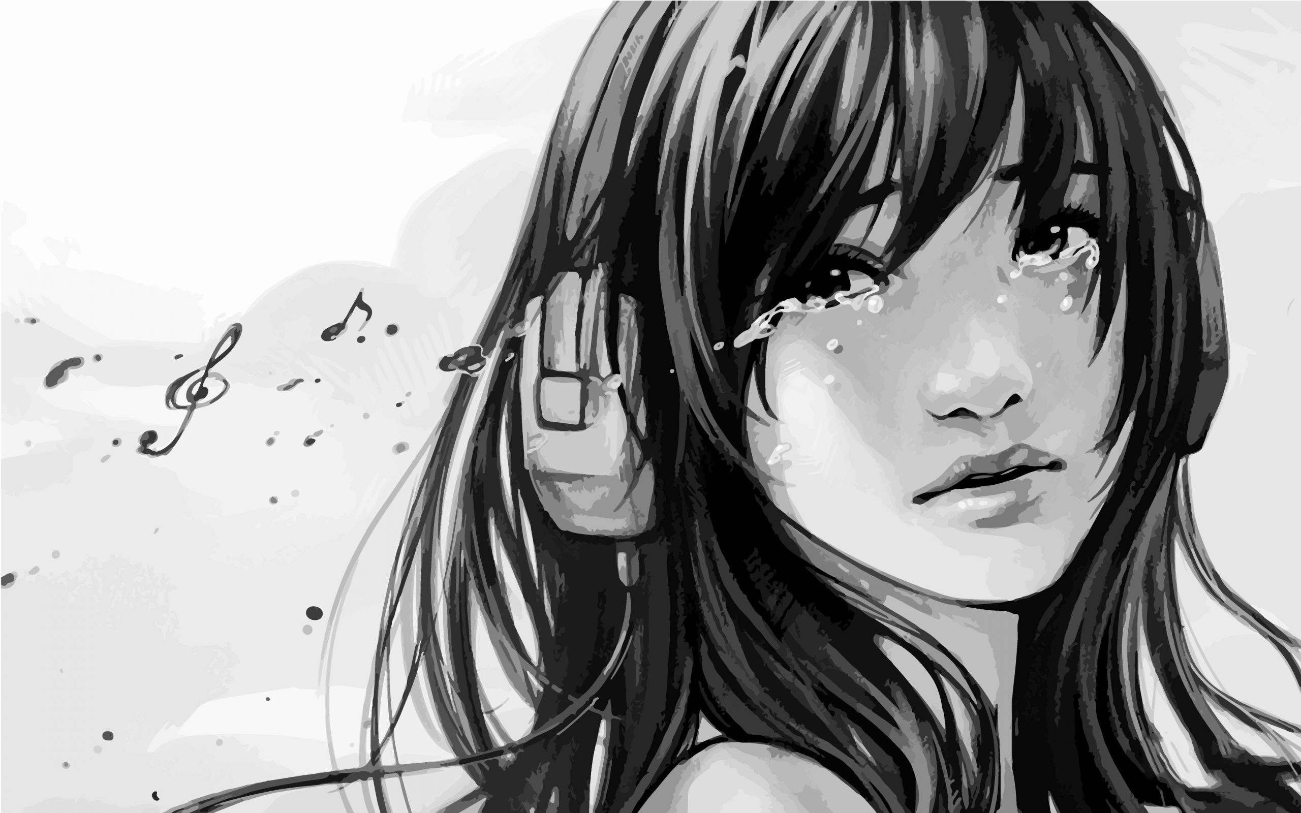 anime girl sad alone, black and white headphones, monochrome, 2K Desktop Wallpaper