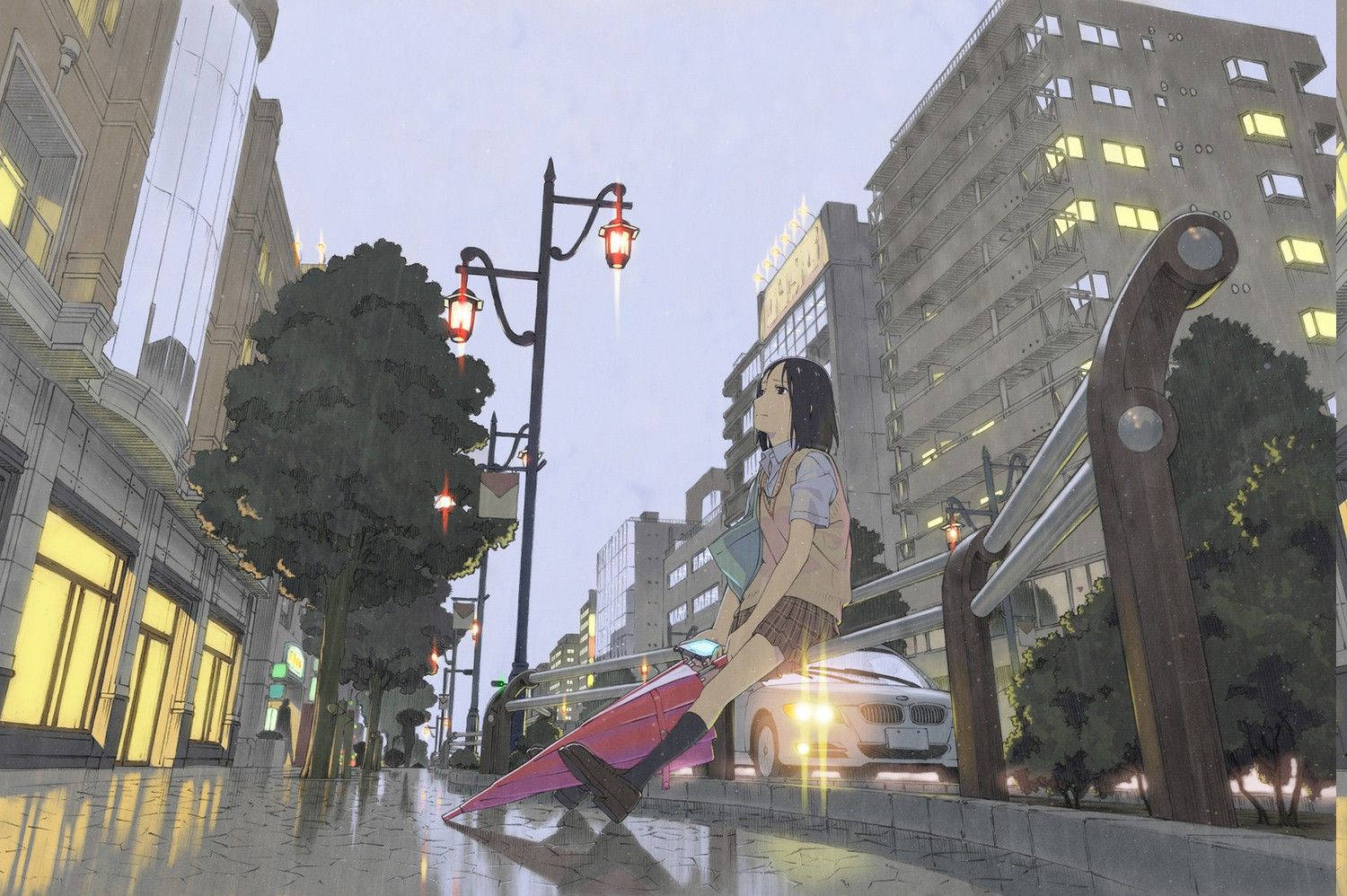 anime girl, rainy urban street, dusk, HD Desktop Wallpaper