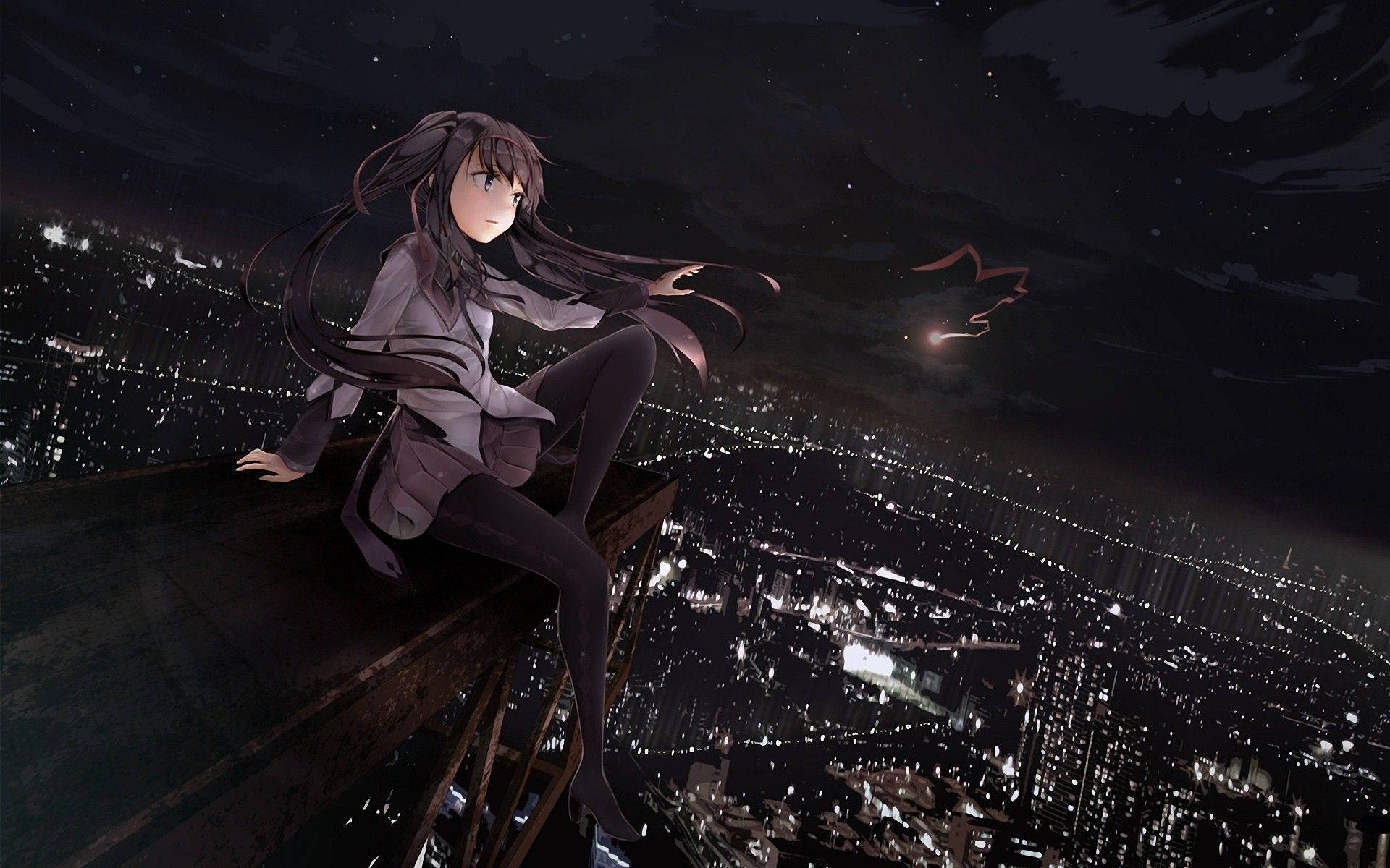 anime girl, long dark hair, rooftop, Full HD Desktop Wallpaper