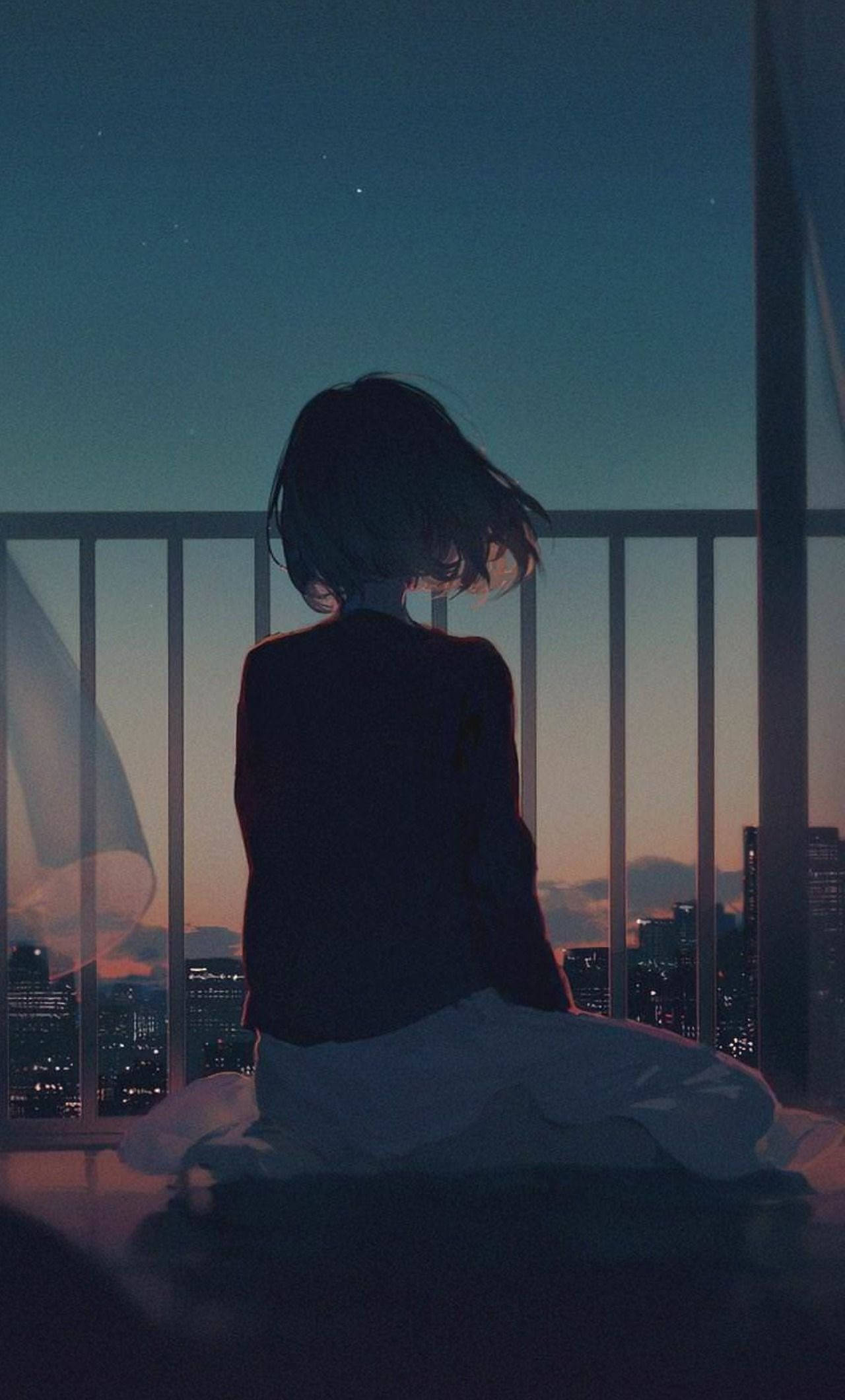 anime girl, balcony, twilight, Full HD Phone Wallpaper