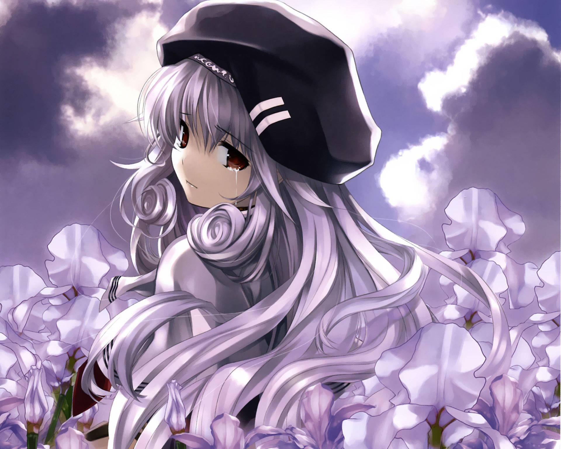 anime girl sad alone, silver hair, black beret, Full HD Desktop Wallpaper