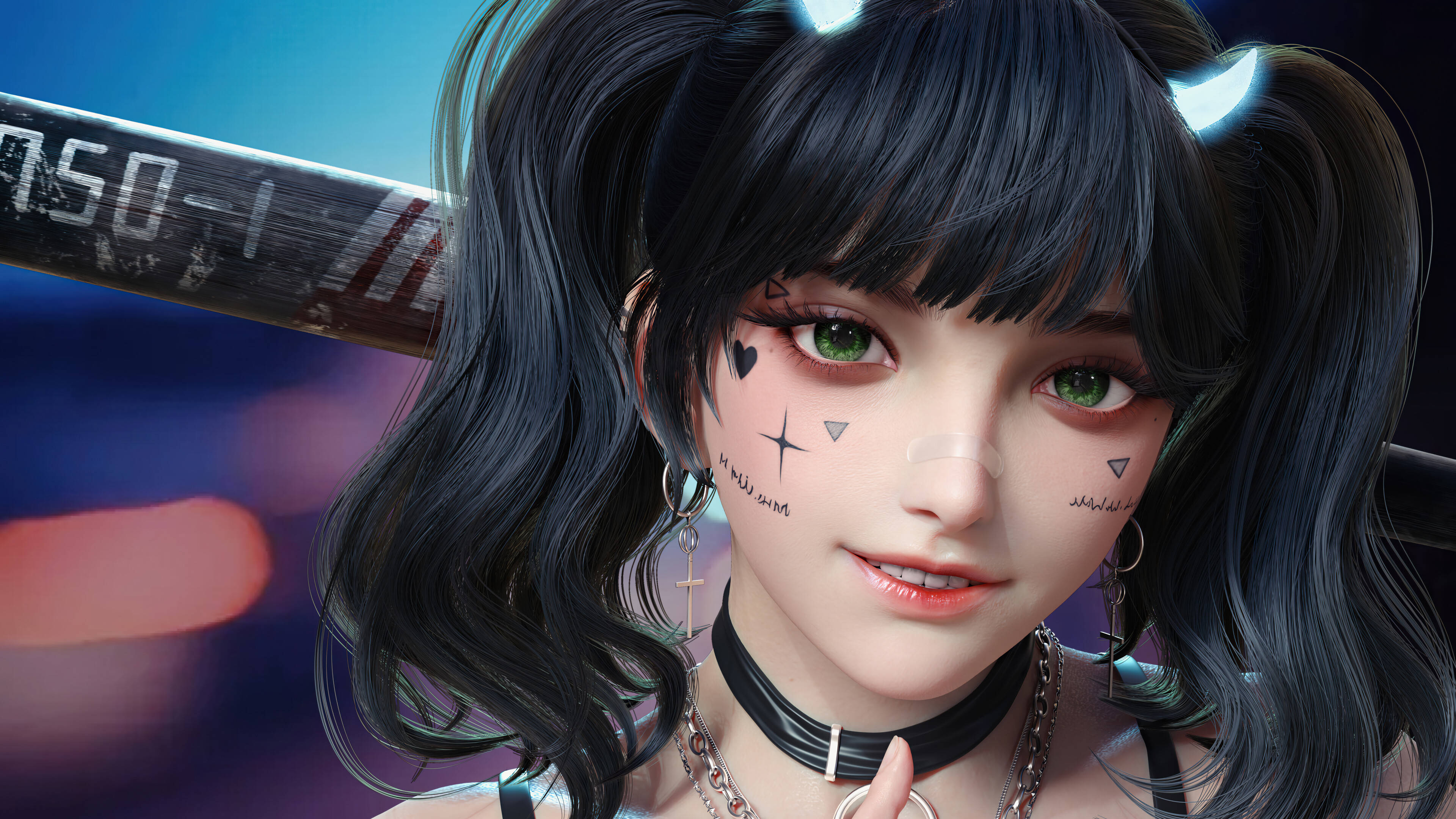 anime girl, black pigtails, glowing horns, 4K Desktop Wallpaper