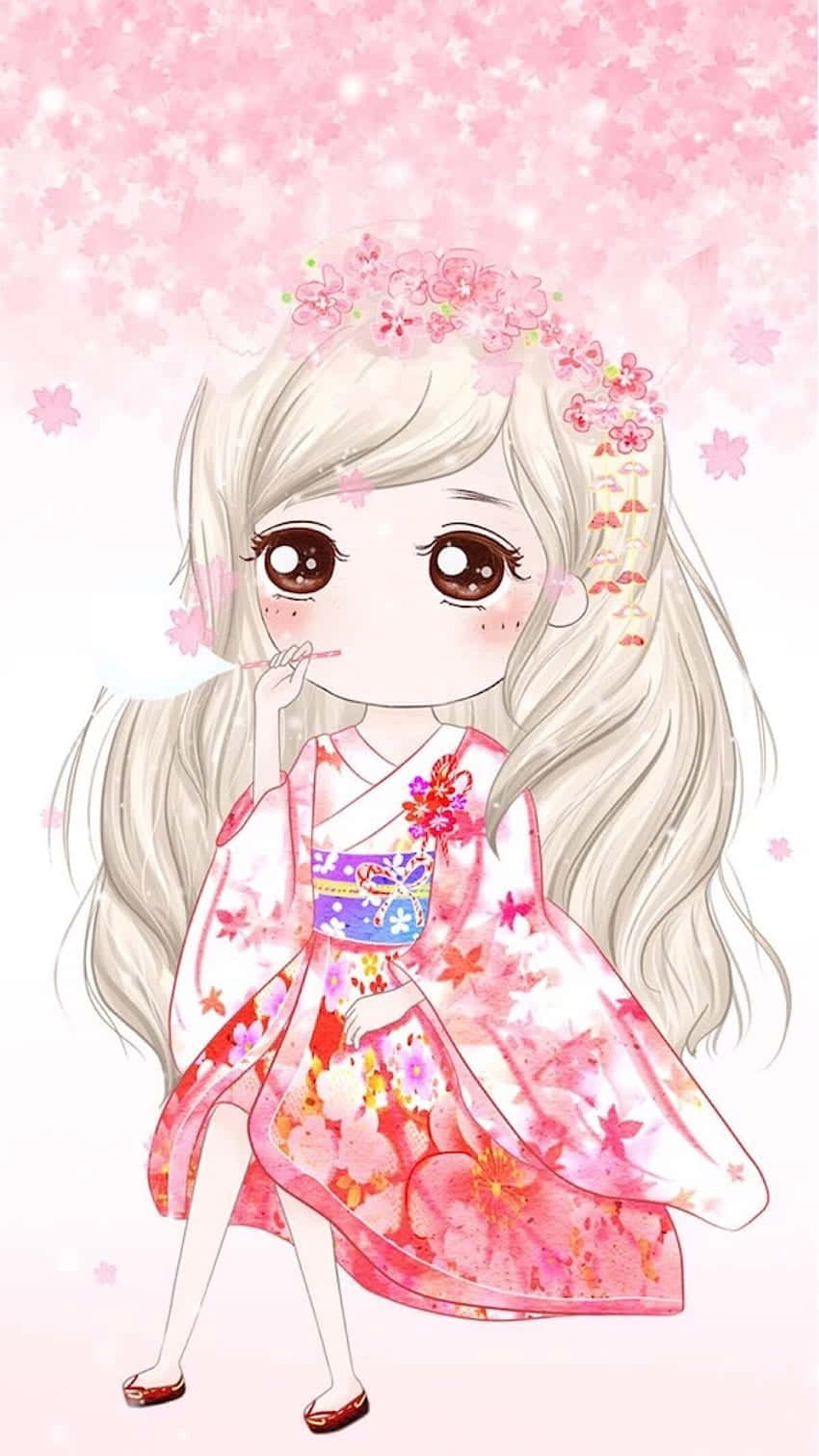 anime girl, floral kimono, pink cherry blossoms, HD Phone Wallpaper