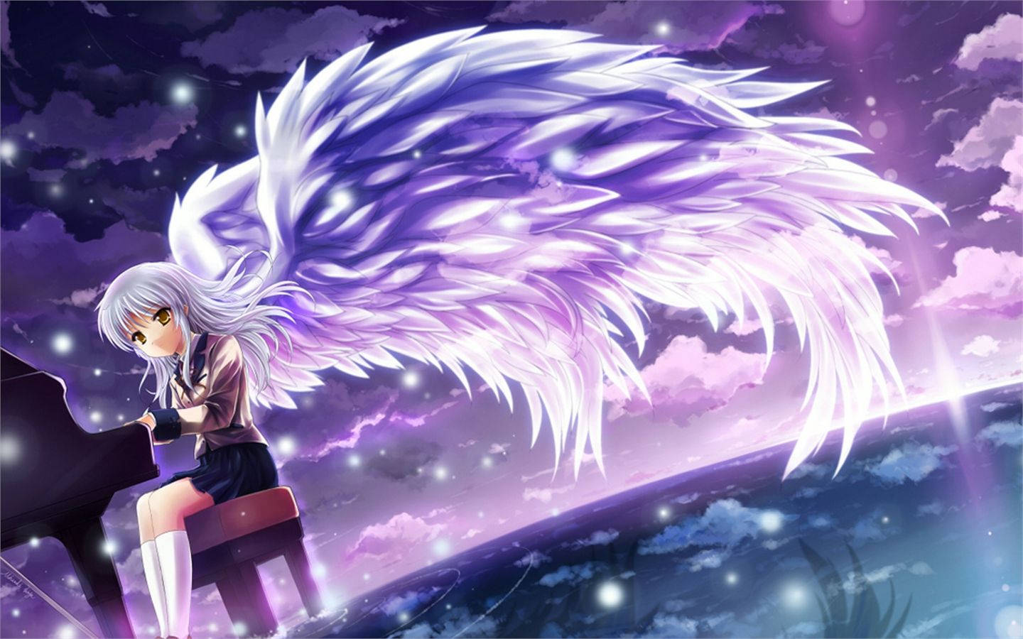 anime girl, piano, glowing purple wings, HD Desktop Wallpaper