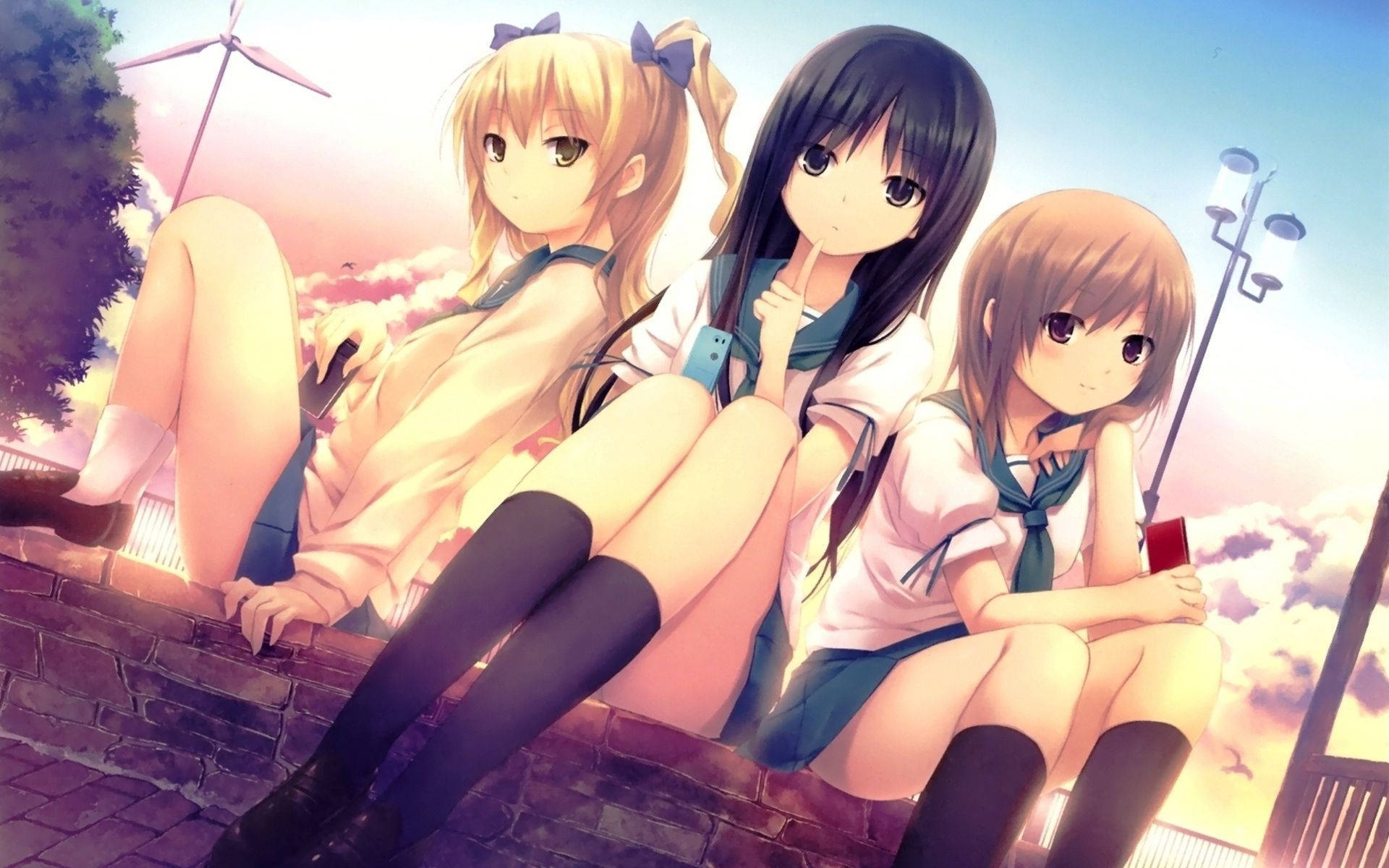 anime girls, school uniforms, brick wall, Full HD Desktop Wallpaper