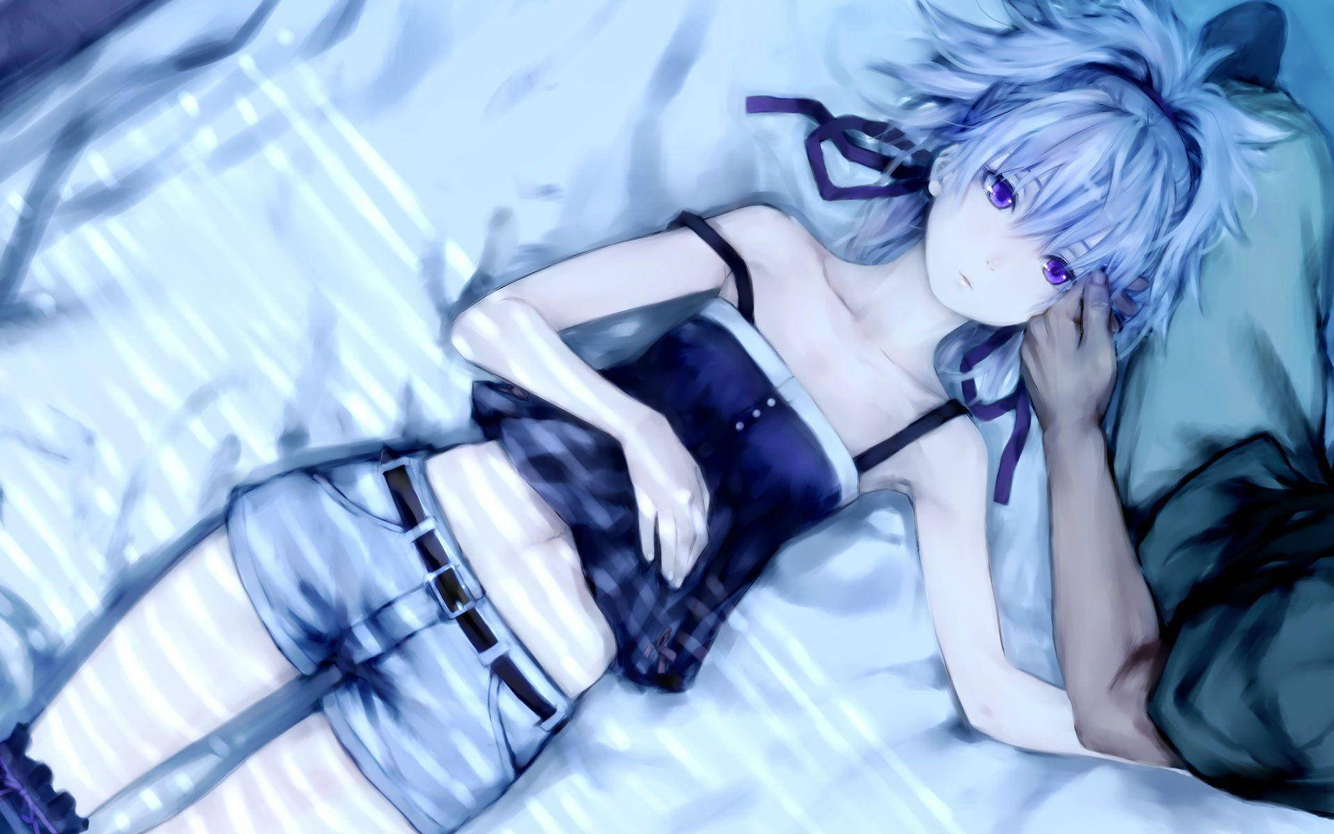 anime girl, silver-haired, purple eyes, Full HD Desktop Wallpaper