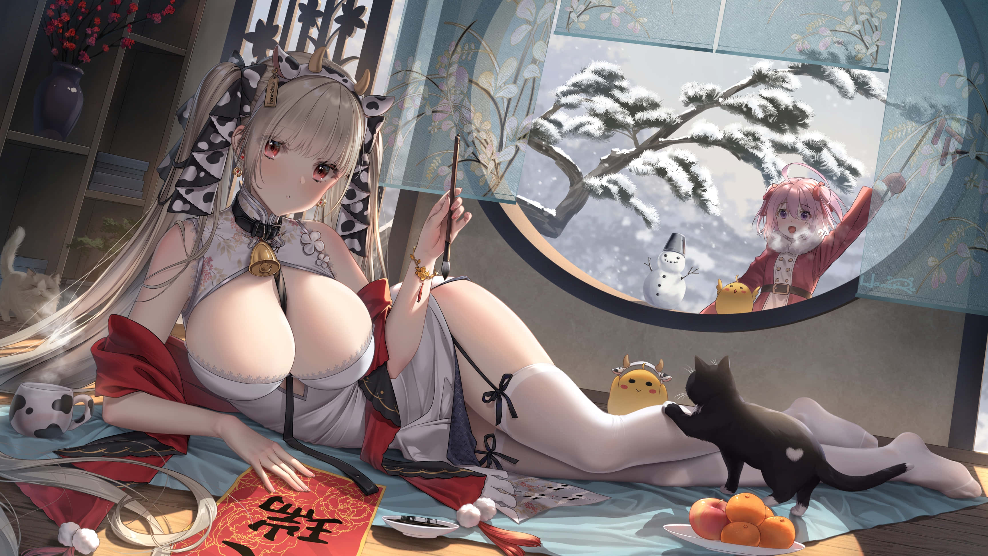 blonde anime girl, red and white traditional attire, black cat, 2K Desktop Wallpaper