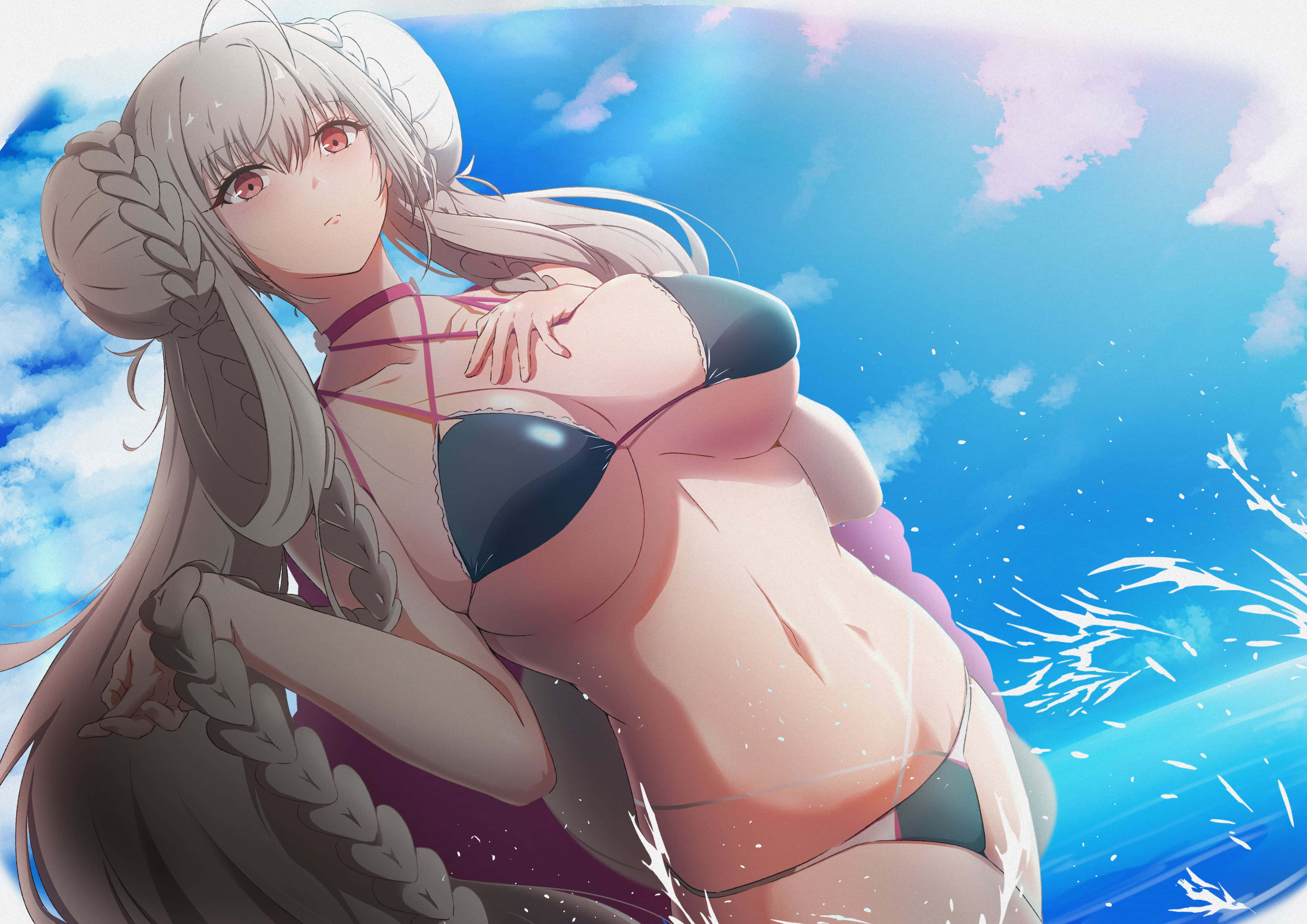 anime girl, silver-haired, dark bikini, 4K Desktop Wallpaper