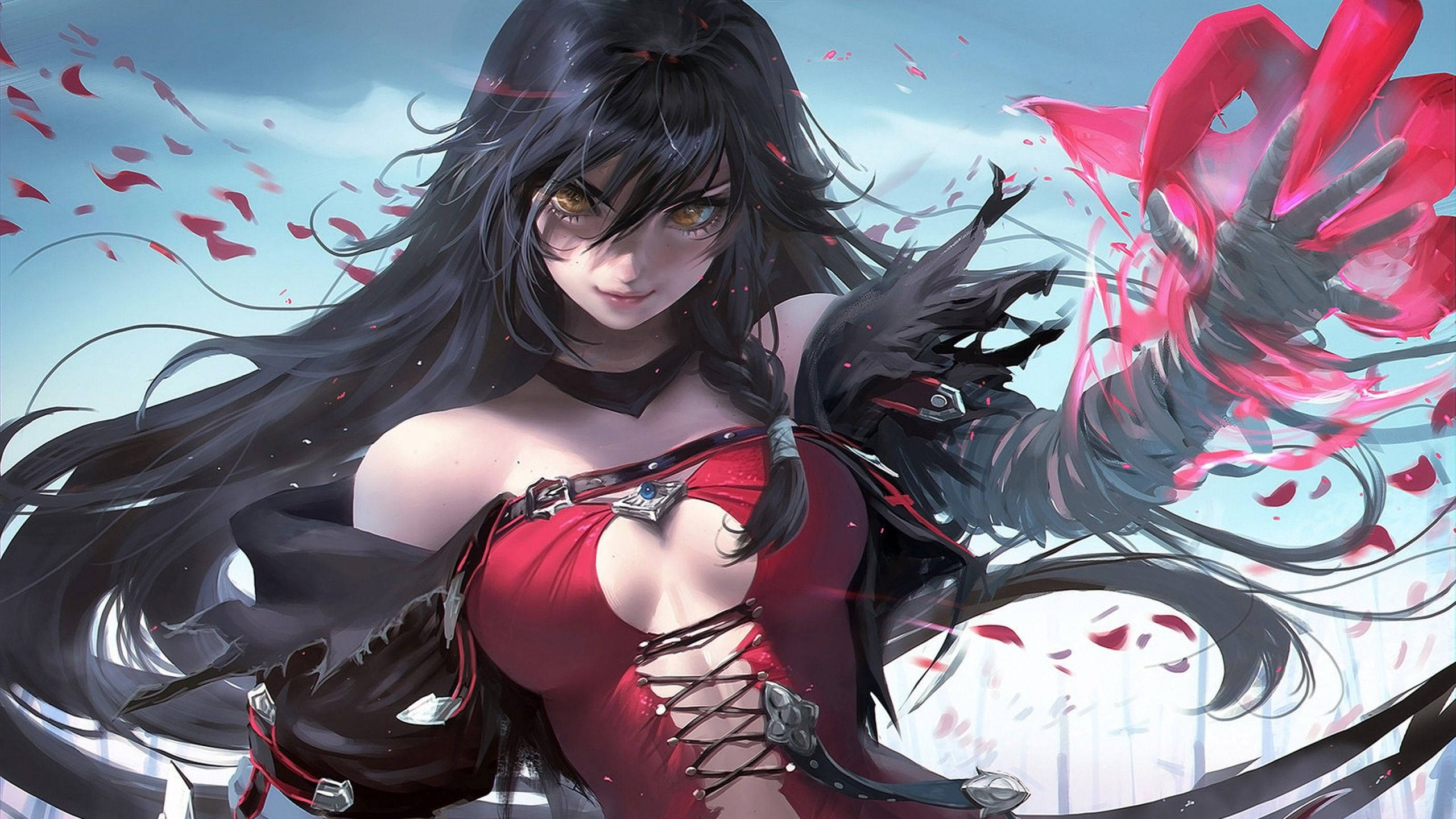 anime girl, red armor, glowing red blade, 2K Desktop Wallpaper