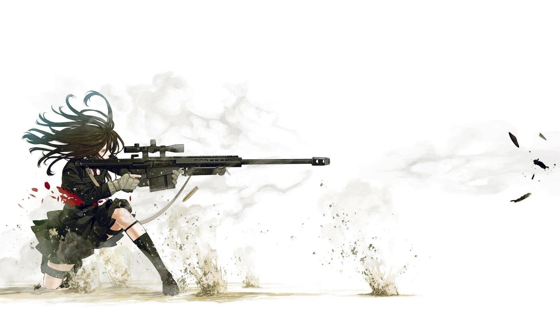 anime girl, dark hair, sniper rifle, Full HD Desktop Wallpaper